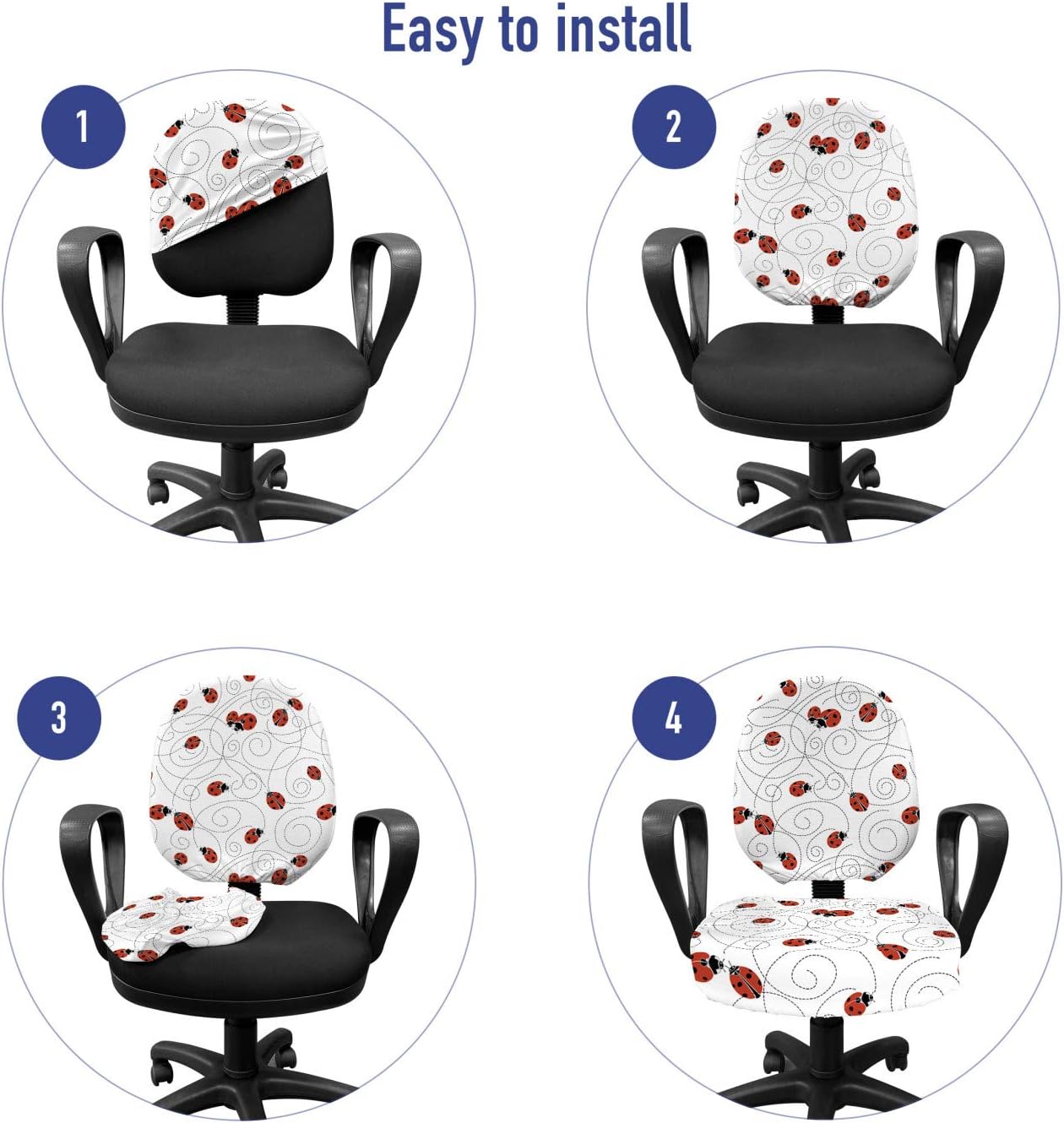 Ambesonne Ladybug Office Chair Slipcover, Bugs Drawing Curved Spiral Circles Romantic Cycle Ladybird Animals Cartoon, Protective Stretch Decorative Fabric Cover, Red White Black