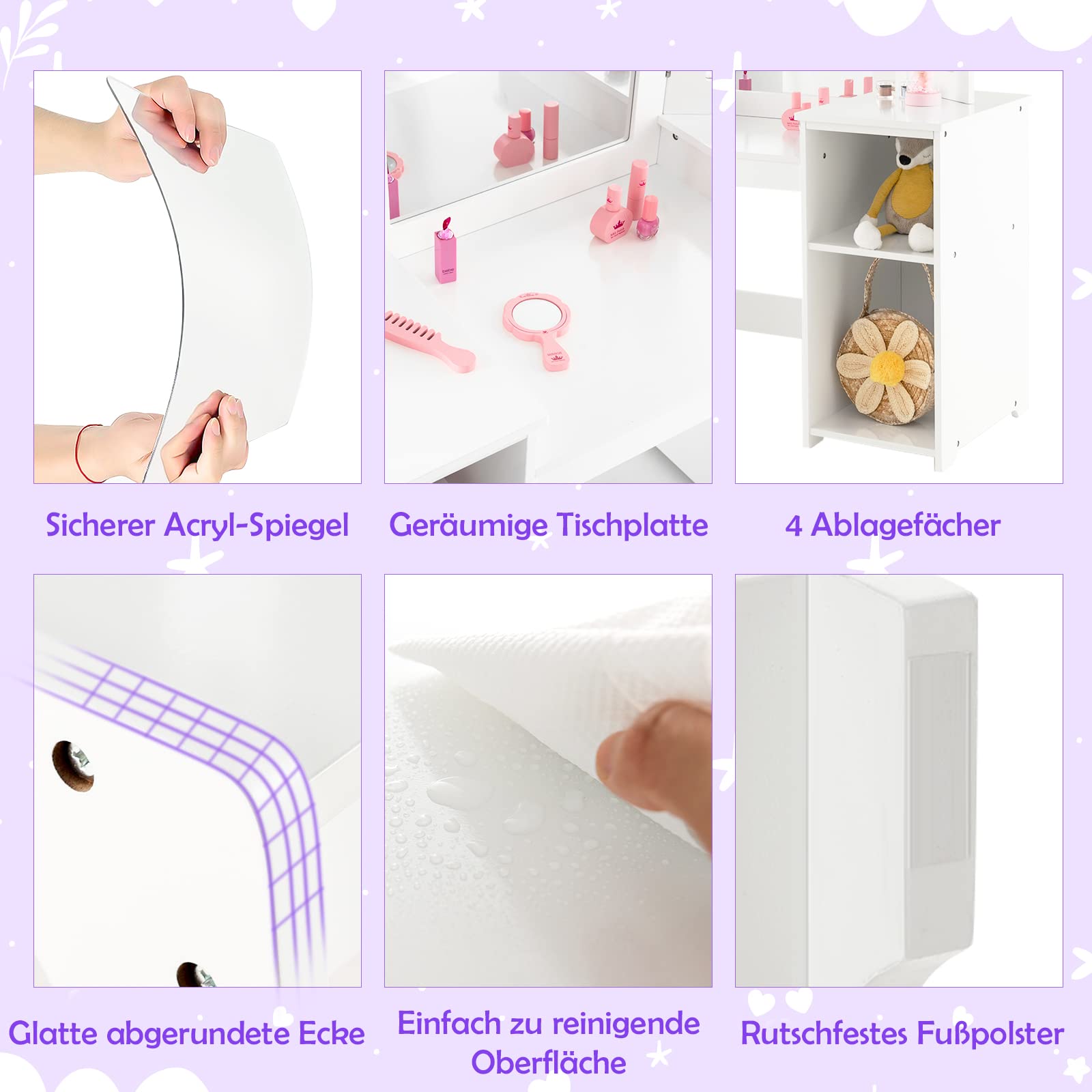 DREAMADE 2 in 1 Kinder Schminktisch mit Hocker und abnehmbarem Spiegel, Prinzessin Frisiertisch mit 4 offenen Ablageflächen, Kinderschminktisch für Kinder Mädchen (Weiß-mit Hocker ohne Box)