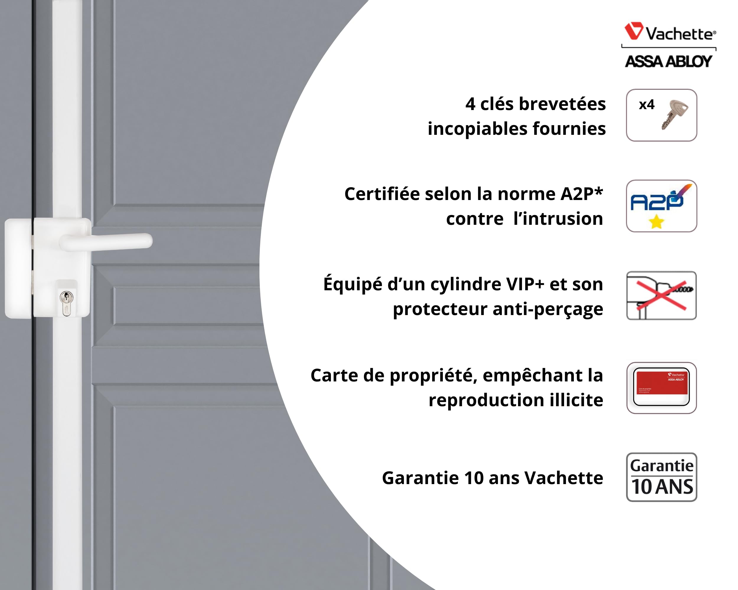 Vachette Serrure en applique multipoints verticale à poignée, MULTIBLINDE série 8800, Tirant Gauche, Certifiée A2P, Haute sécurité, 3 points de fermeture, 4 clés VIP+ brevetées incluses, Blanc