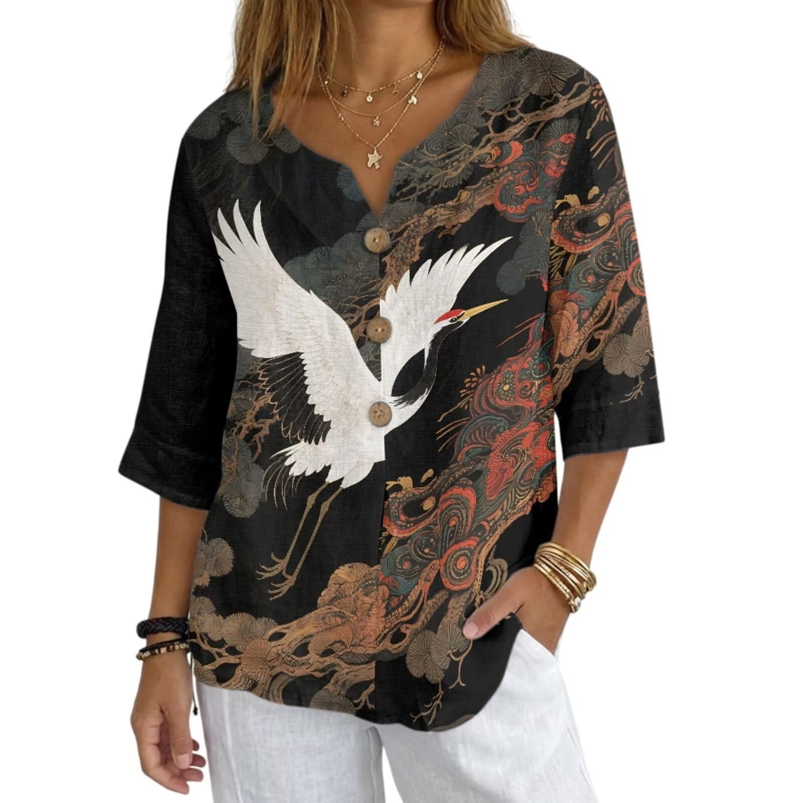 Women's V-Neck Tunic Top, Casual Polyester Linen Blouse with Decorative Buttons, Loose Fit Easy Care Everyday Wear