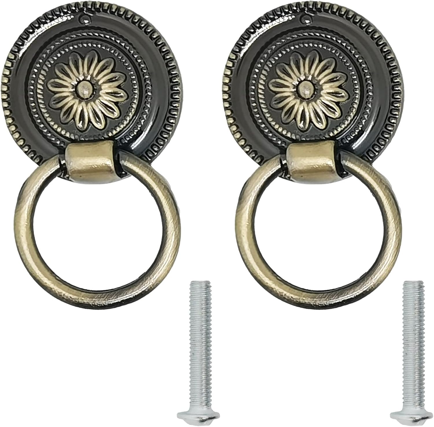 4pcs 37mm/1.5'' Bronze Antique Cabinet Knobs Pulls, Flower Shape Drawer Ring Pulls Handle with Screws for Drawer Dresser Wardrobe Kitchen Cupboard(8019,Small Size)