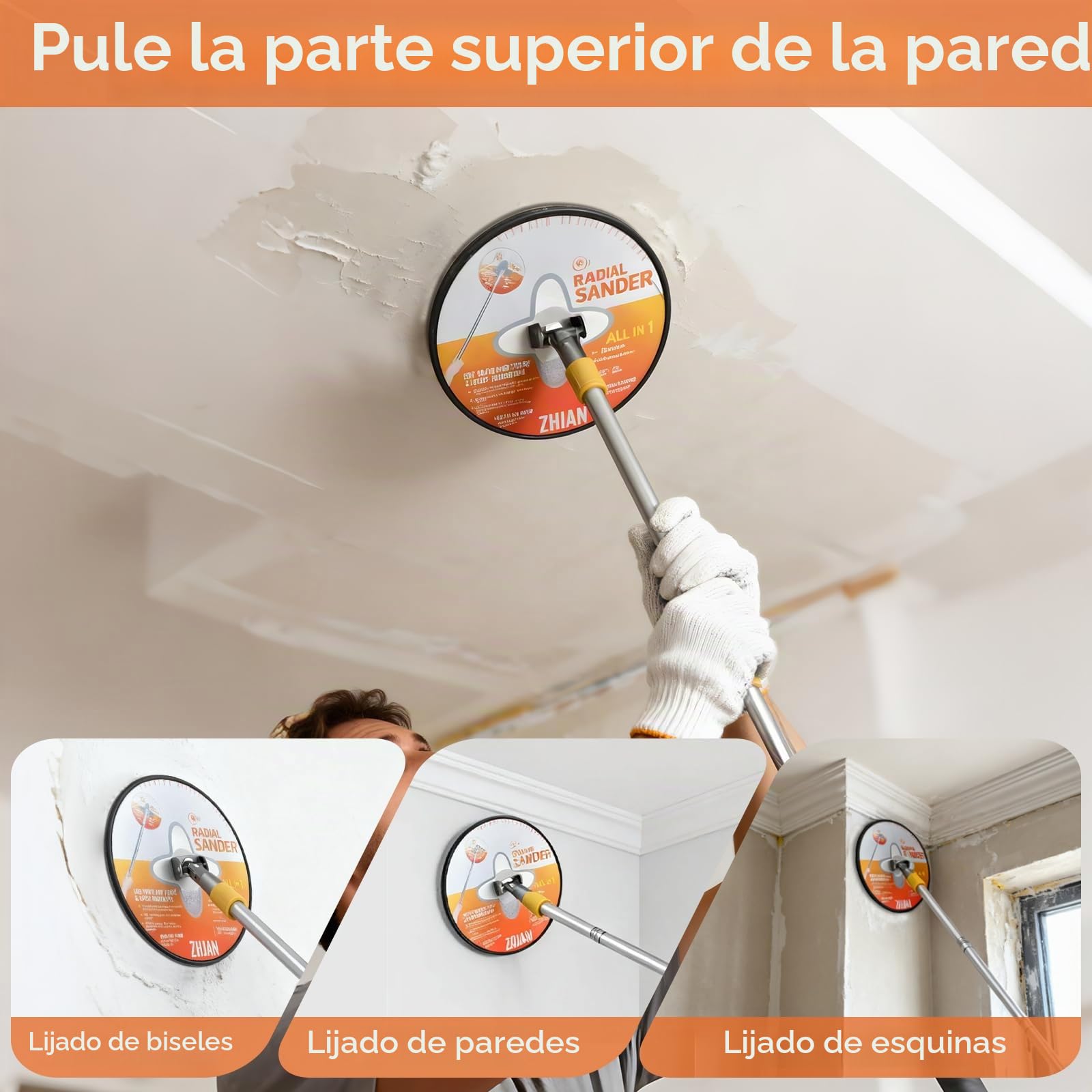 Lijadora de Poste para Paneles de Yeso, Cabeza Radial 360° con Mango Extensible, Incluye 10 Hojas de Lija (80/100/120/180/240) para Paredes y Techos