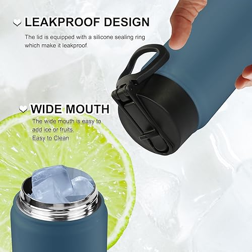 Miniatura 6 de Akyta Botella de agua de 32 onzas, botella de agua deportiva con popote, 2 tapas, acero inoxidable aislado al vacío, mantiene el agua fríacaliente,