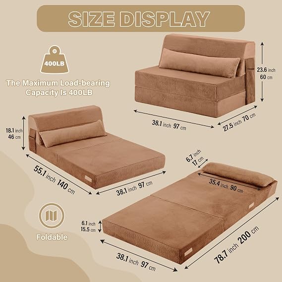 Folding Sofa Bed with Pillow, 4-in-1 Floor Couch Sleeper Chair, Fold Out Guest Mattress Chair Bed with Side Pocket, Boneless Couch for Living Room, Dorm, Home Office, 97X200X15.5CM, Brown