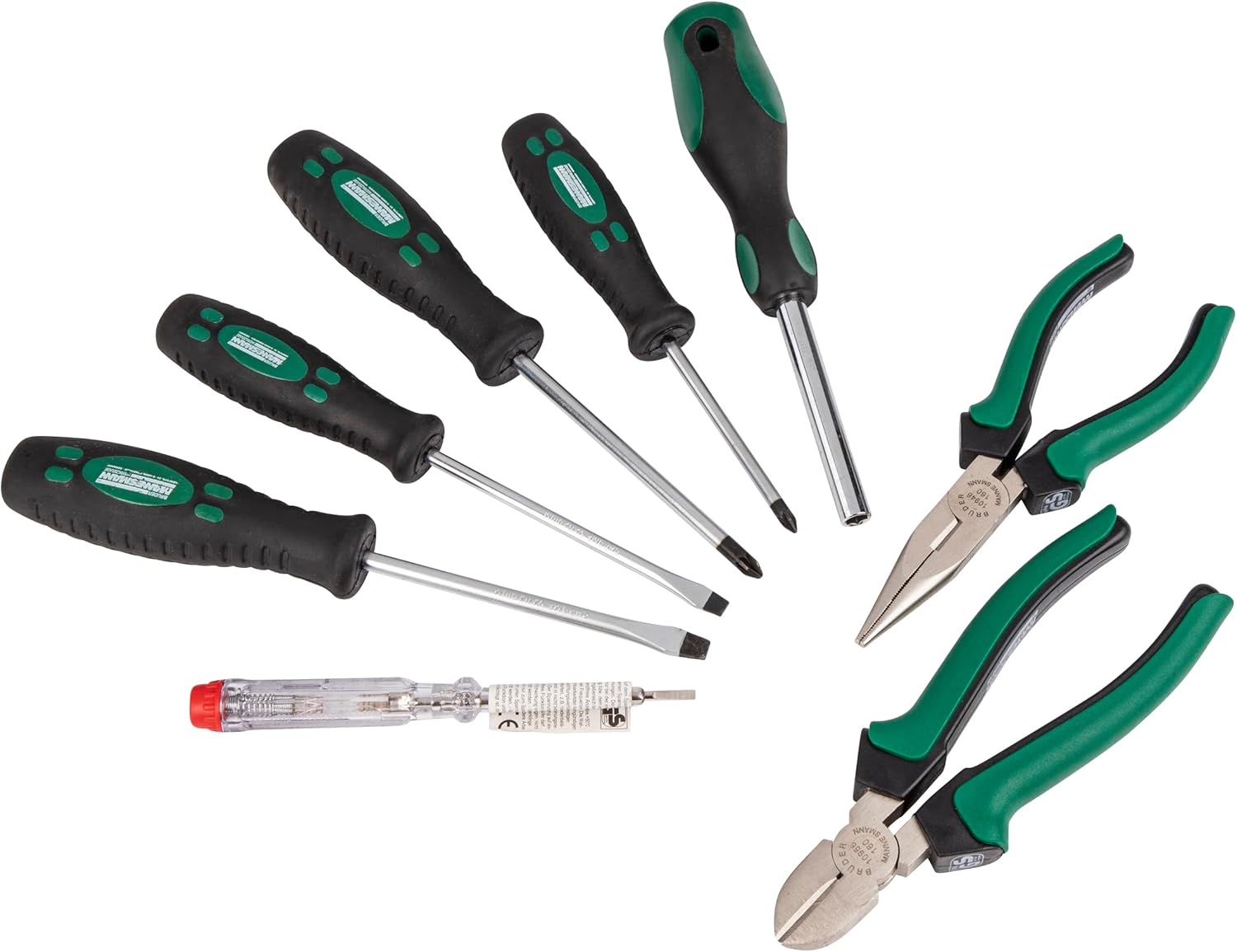 Assortment of screwdrivers, a voltage tester, and two types of pliers from the tool set.