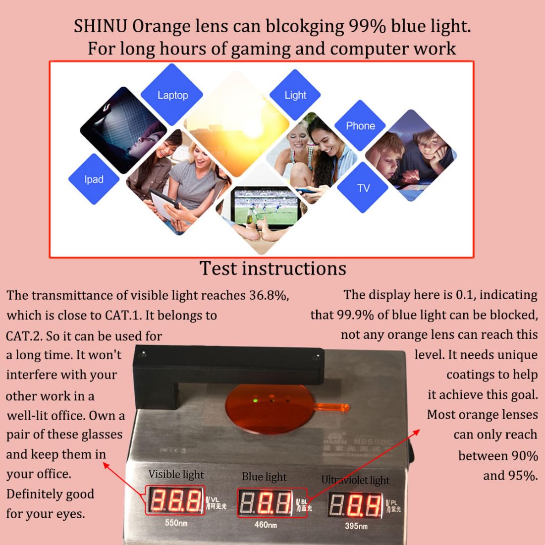 SHINU Gafas de luz azul, lente amarilla, visión nocturna, lente naranja, lentes de luz azul, para juegos
