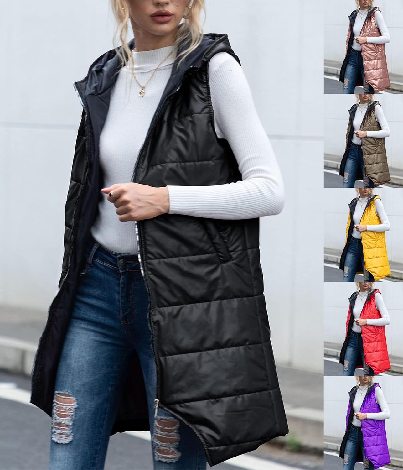 ORANDESIGNE Gilet Donna Lungo Giacca con Cappuccio Invernali Caldo Cappotto Senza Maniche Spesso Gilet Giubbotto con Cerniera Giacche Lunga Cappotti con Tasche Piumino Smanicato A Beige XS