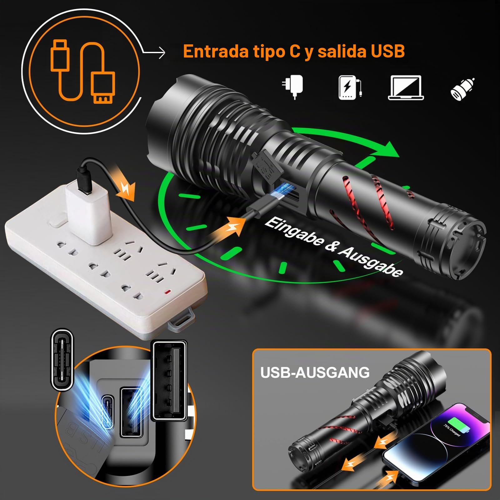 Relybo Linternas Led Alta Potencia Recargable 1000000 Lumen 60W XHM100 Chip | Linterna Led Potente, 2 Interruptor, 4 Modos, Atenuación Continua, Gran Autonomía Para Camping,Acampada,Senderismo,Emergencia