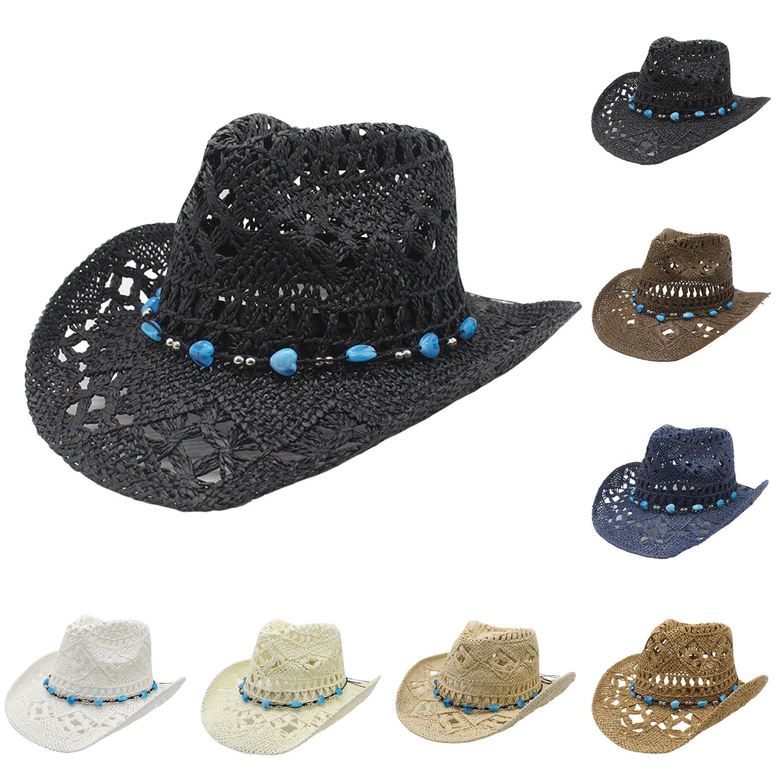 Straw Cowboy Hat for Women Men, Wide Brim Western Sun Hat Shapeable, Cowgirl Fancy Dress Party Costume Accessory for Beach Country Music Festival Outdoor Summer
