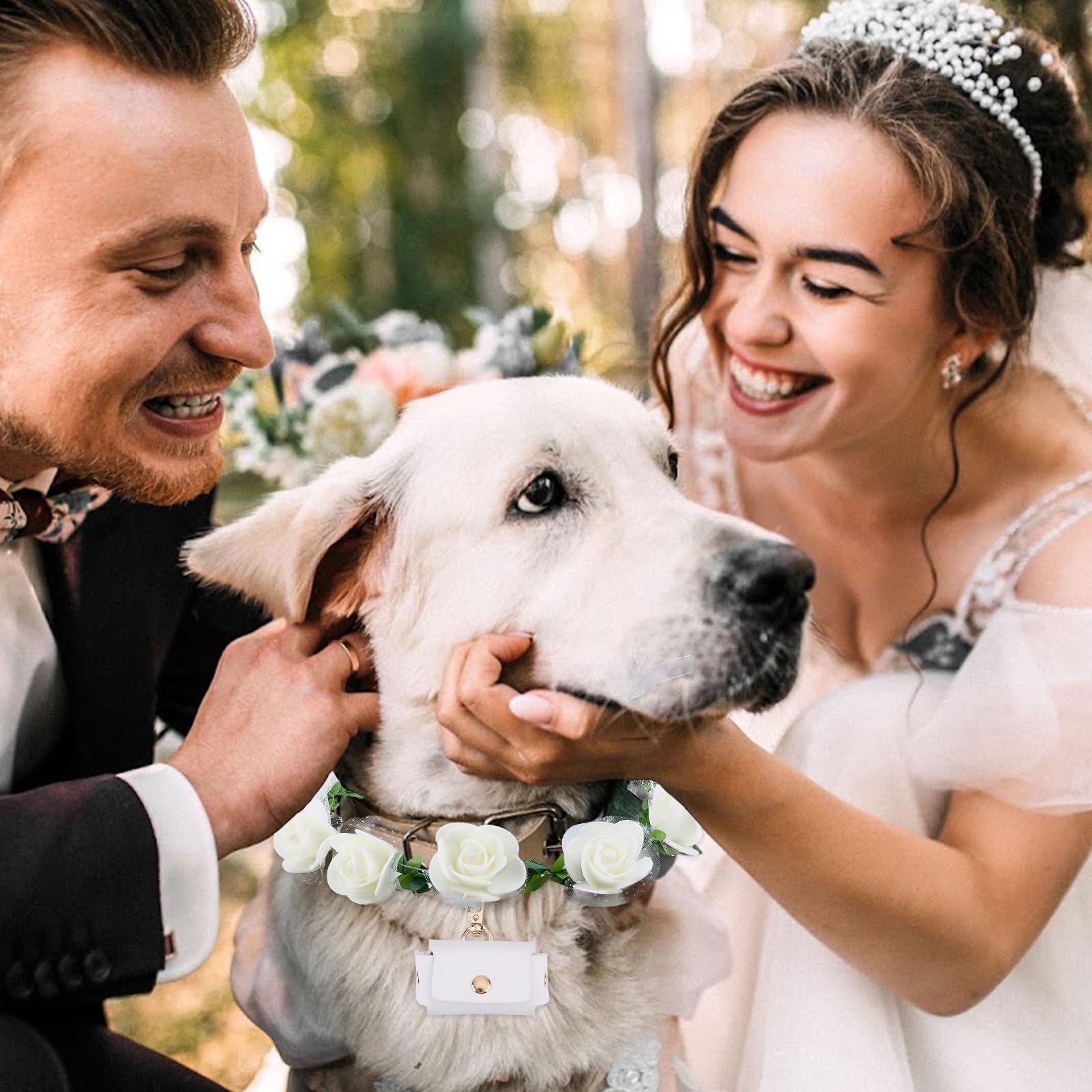 NICENEEDED Lot de 3 colliers pour mariage, chien, ensemble de fleurs, perles de laisse pour chiens avec perles porte-alliances, nœud papillon réglable pour le cou du chien