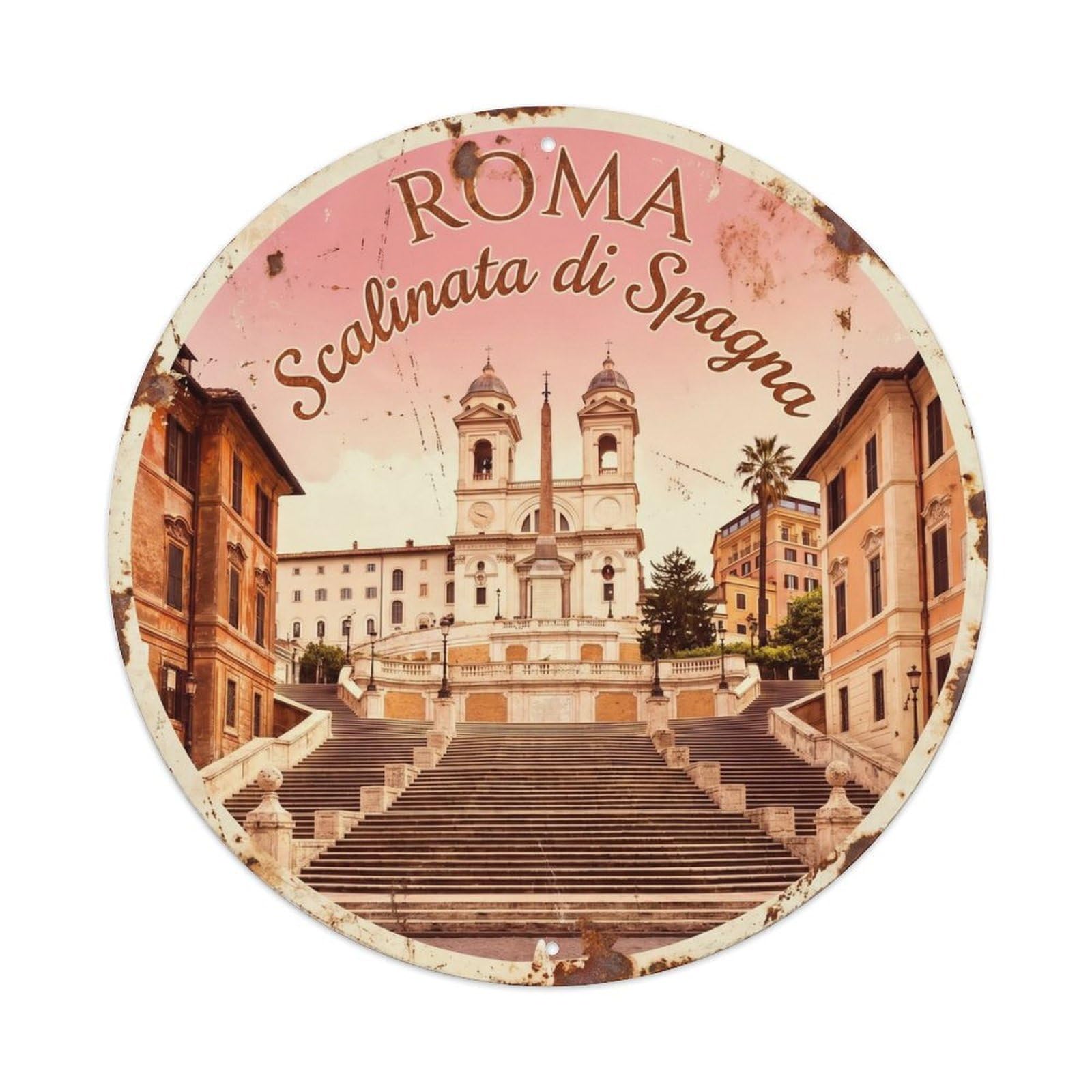Vintage Travel Rome Spanish Steps Metal Tin Sign Plaque Wall Decor for Cafe, Club, Garden Round Metal Poster 8x8Inch