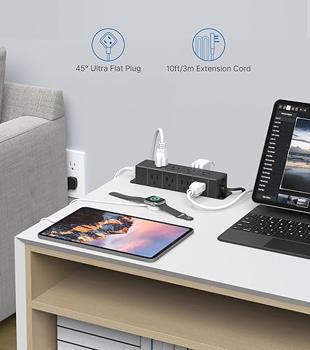 Miniatura 9 de Regleta de alimentación USB C de 30 W, regleta de alimentación de escritorio de 4 salidas laterales con enchufe plano ultrafino, carga rápida PD, 2