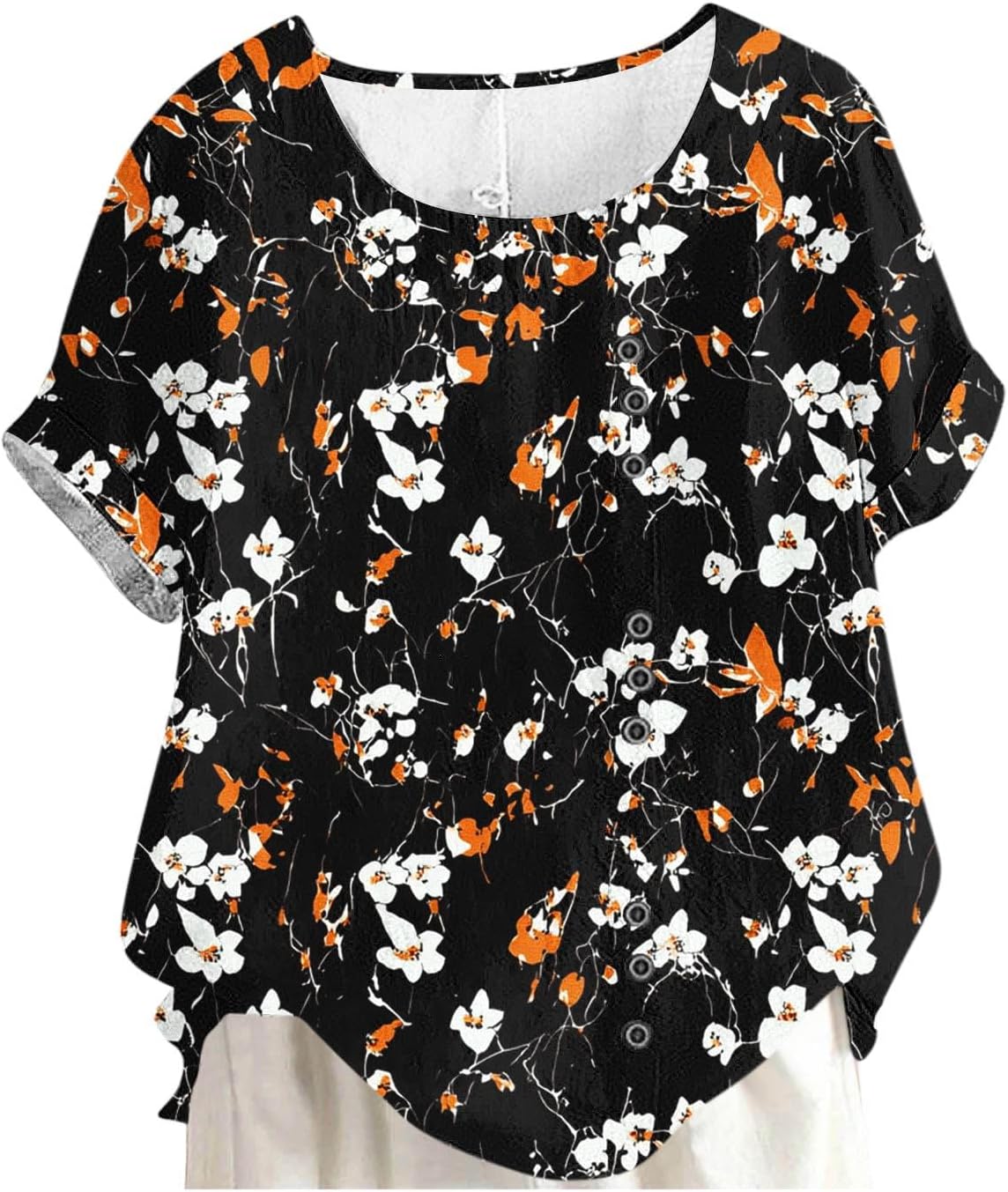 Womens Short Sleeve Tops Summer Cotton Linen Crewneck T Shirts Lightweight Casual Blouse Loose Floral Basic Tee