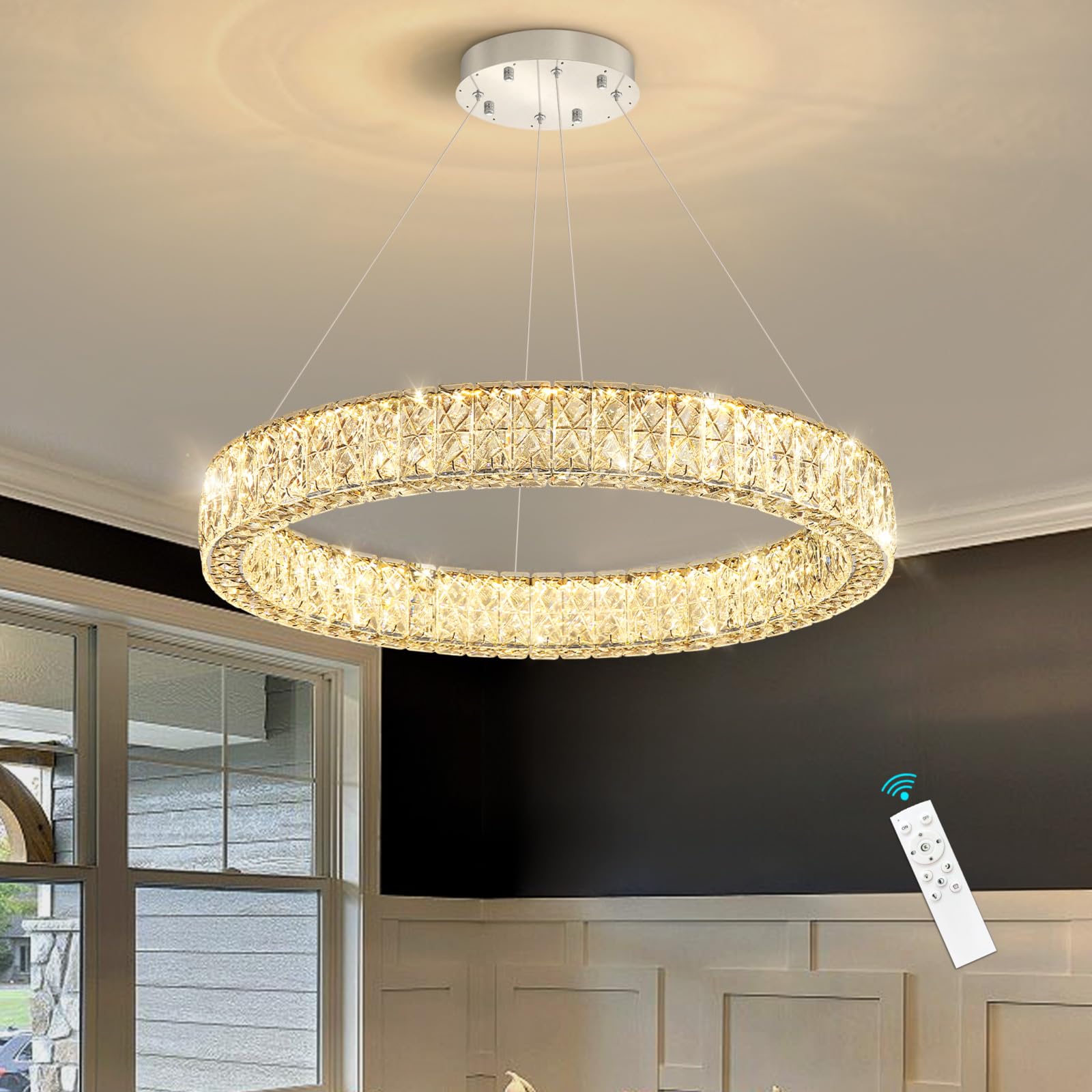 Photo 1 of HAIXIANG LED Chandelier Crystal Ring Pendant Lighting Bedroom Dining Room Chandeliers Dimmable Light Entryway Foyer Ceiling Lighting Silver 20W LEDs