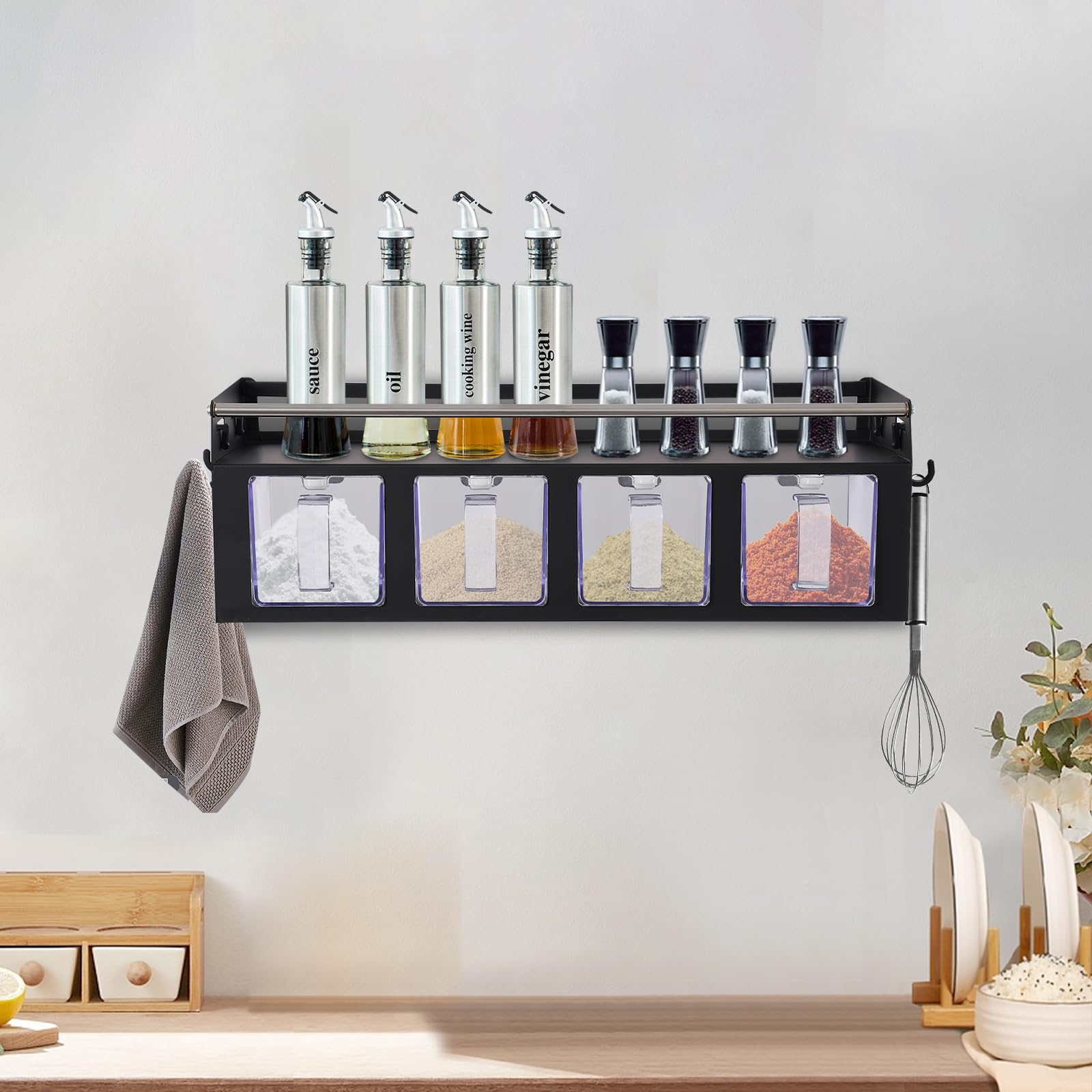 Scaffale portaspezie da parete, 39,5 x 13,5 x 13 cm, con 4 ganci, porta utensili da cucina, per cucina e bagno (nero)