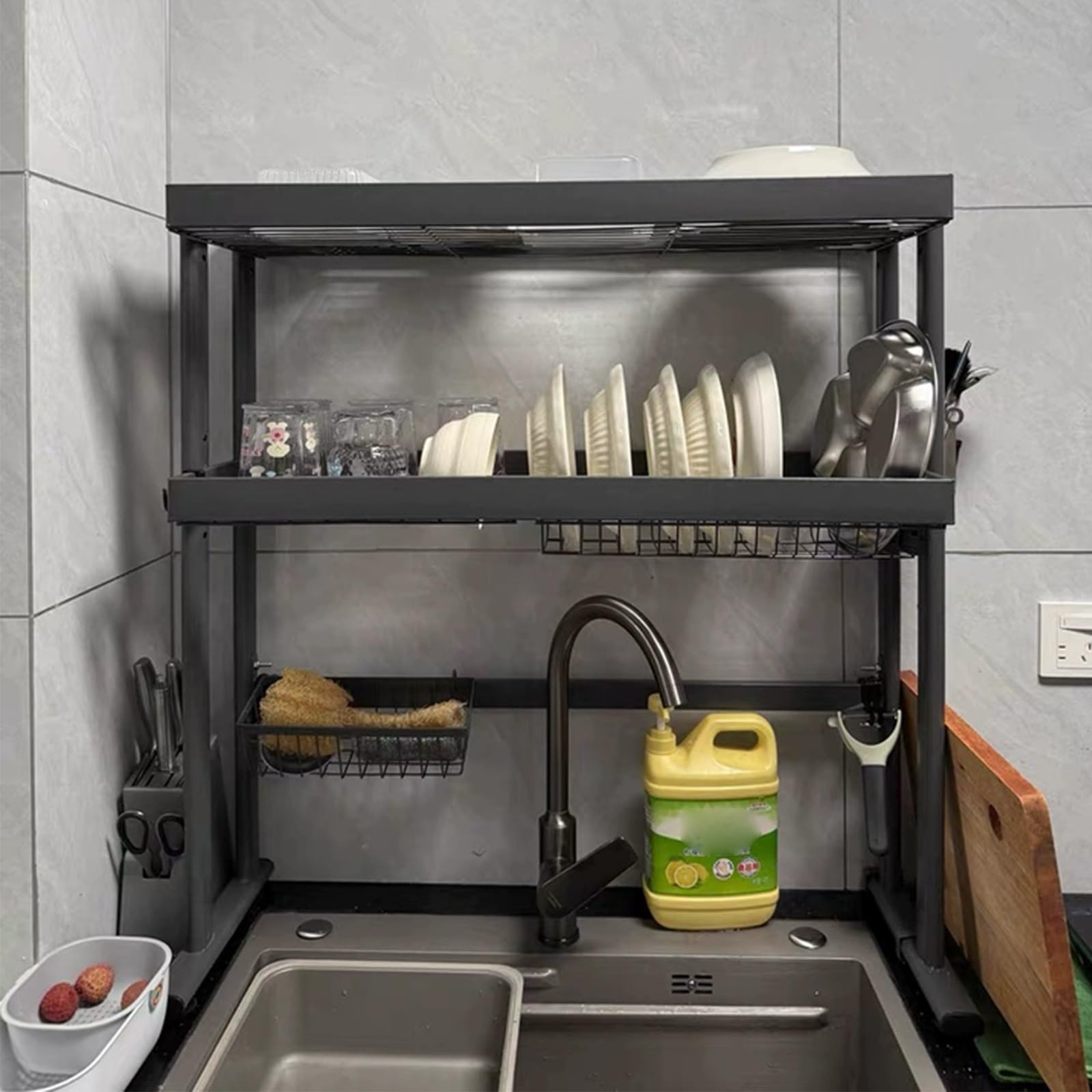 Abtropfgestell für die Spüle, 2-stöckig, mit abnehmbarem Besteckhalter, platzsparender Küchen-Organizer für Teller, Schüsseln und Töpfe, langlebiger Karbonstahl, 67 cm