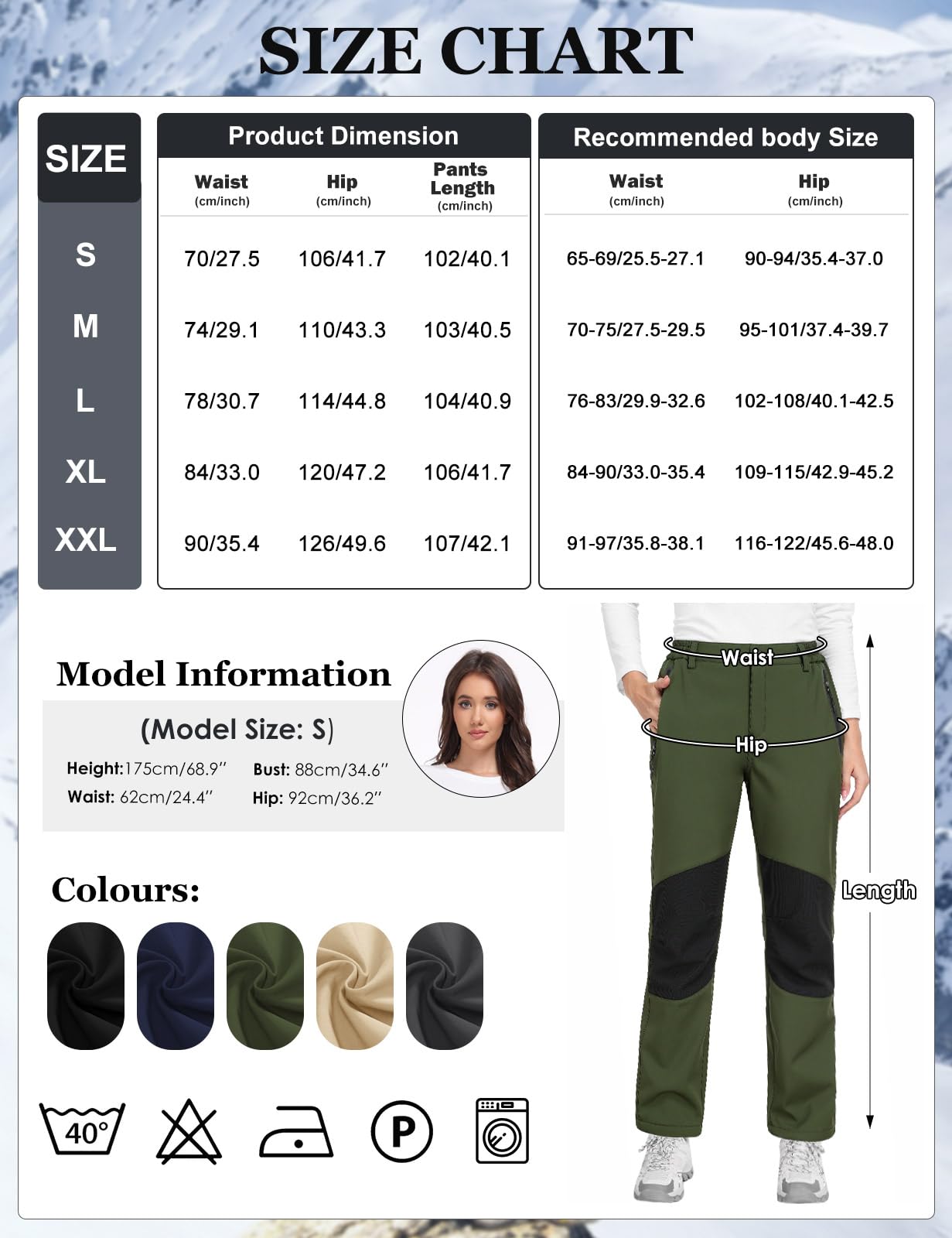 Pantalones Trekking Mujer Invierno Impermeables Pantalones Termicos Cintura Elástica con Forro Polar Softshell Pantalones Montaña Esqui Senderismo Trabajo