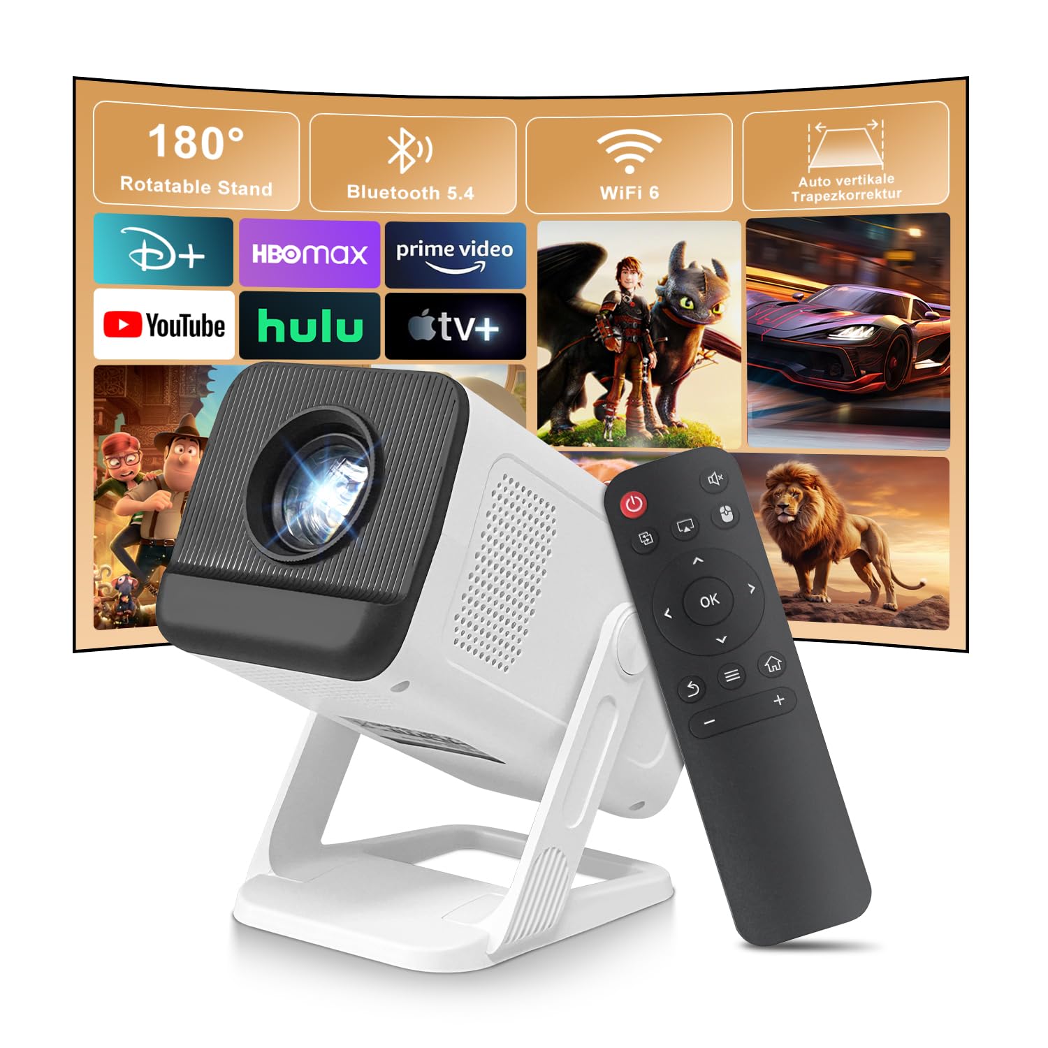 ZDSSY Proiettore 4K, mini proiettore WiFi 6 e Bluetooth 5.4, videoproiettore portatile, correzione automatica e messa a fuoco, home theater, compatibile con PC/TV Stick/USB/PS5