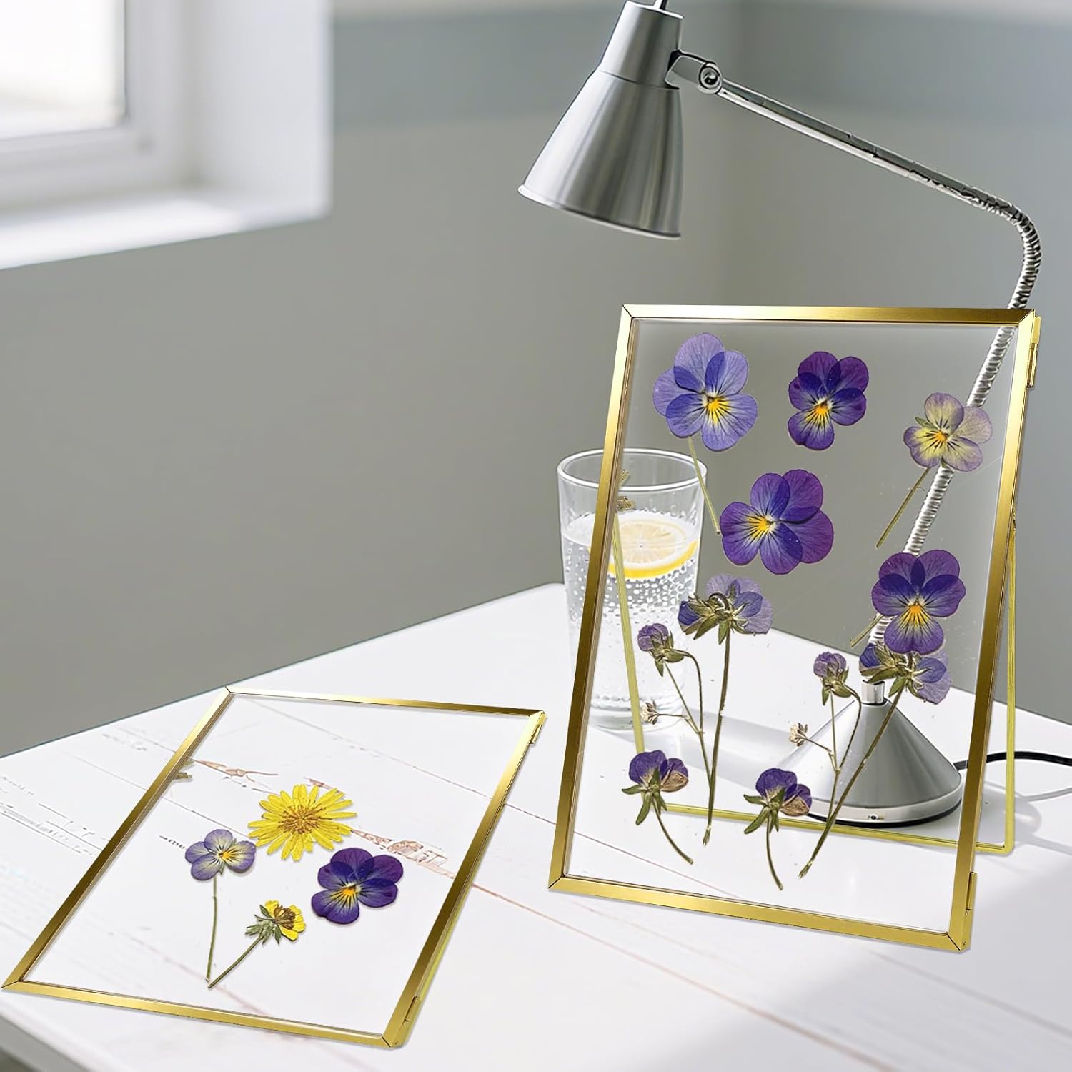 Handmade Pressed Flower Floating Frame, Brass and Glass Picture Frame for Pressed Flowers, Tabletop Photo Display for Home Decor (Gold, 8X10)
