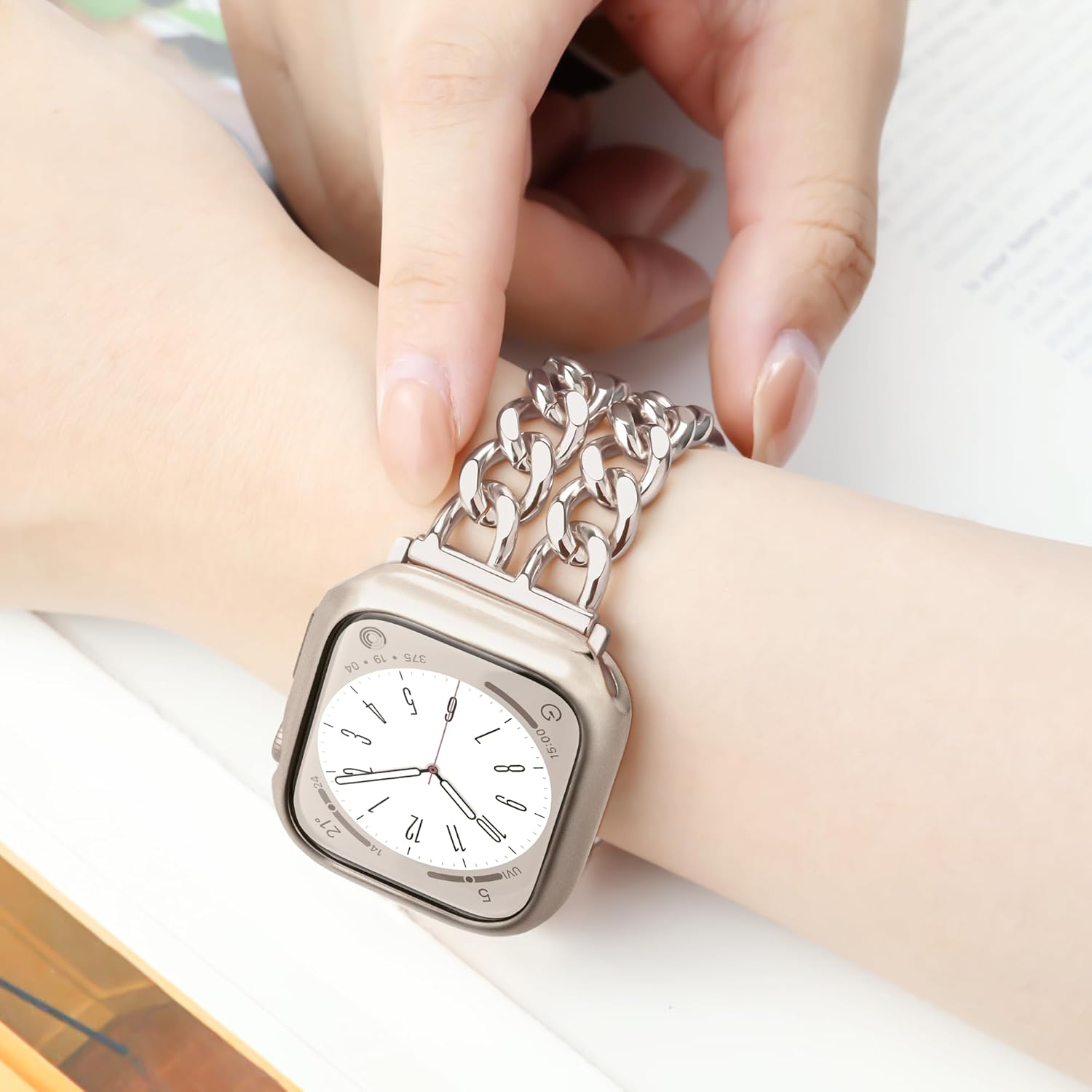 Anaiboho Metal Starlight Apple Watch Bands for women men, Double Chain iWatch Bands for 42mm(S11/10), Dressy Designer Strap with Soft TPU Case, Compatible with Apple Watch Series 11 10 (With Case) - Image 5