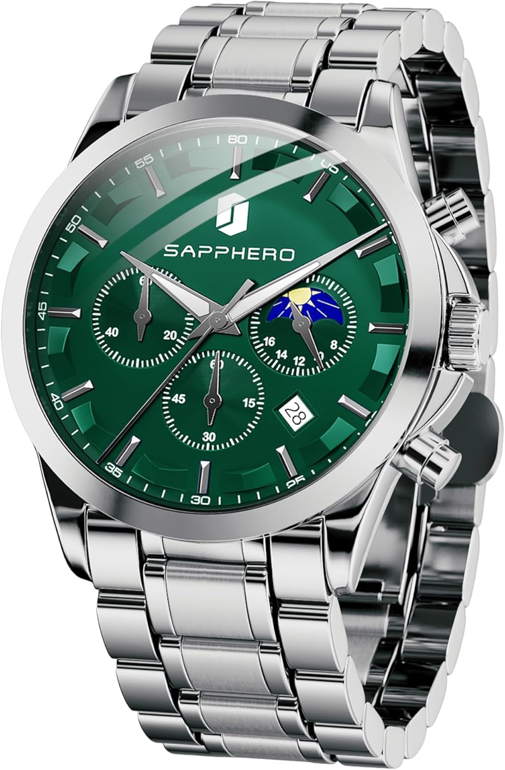 SAPPHERO Chronograph Watches for Men, Original Business Casual Stainless Steel Analog Watch 50M Waterproof Luminous Watches with Date Dial, Mens Gift
