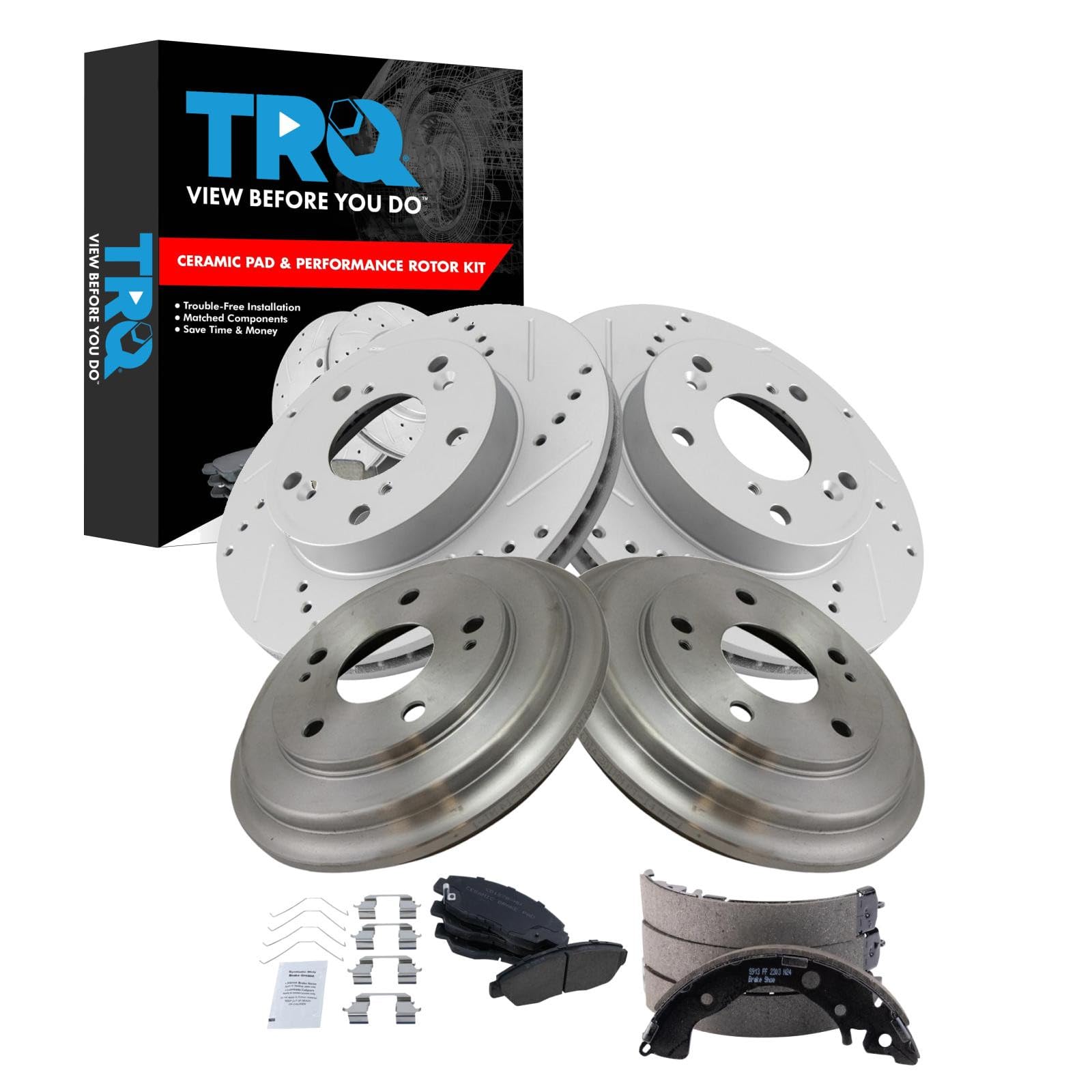 TRQ Brake Pad & Rotor,Shoe & Drum Kit Premium G-Coated Slotted X Drilled Ceramic Performance Compatible with 2012-2015 Honda Civic