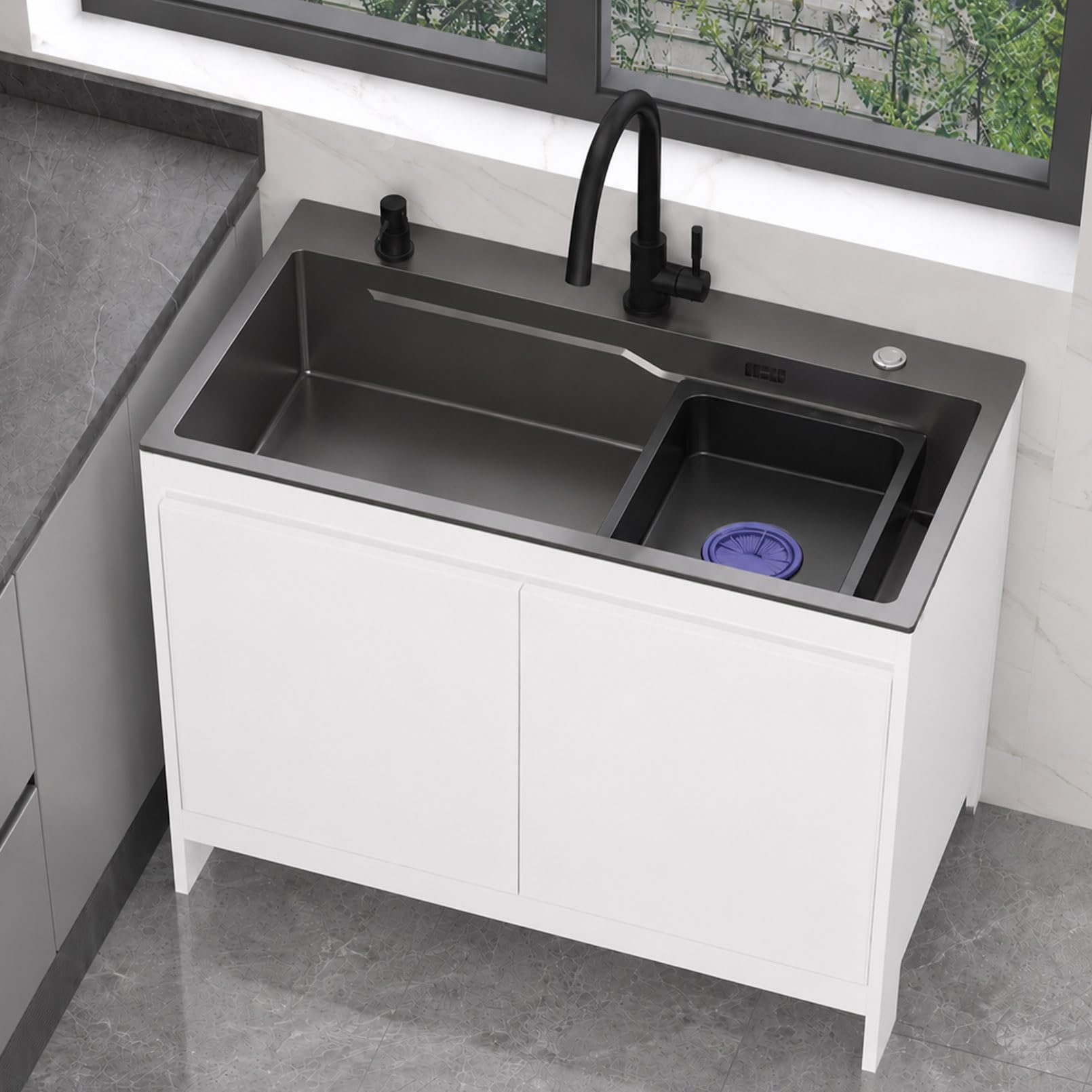 Fregadero Exterior para Jardín y Terraza con Mueble de Aluminio Impermeabile, Fregadero de Una Cubeta de Acero Inox Gris Antracita con Grifo, Dispensador y Tubo de Desagüe 68cm