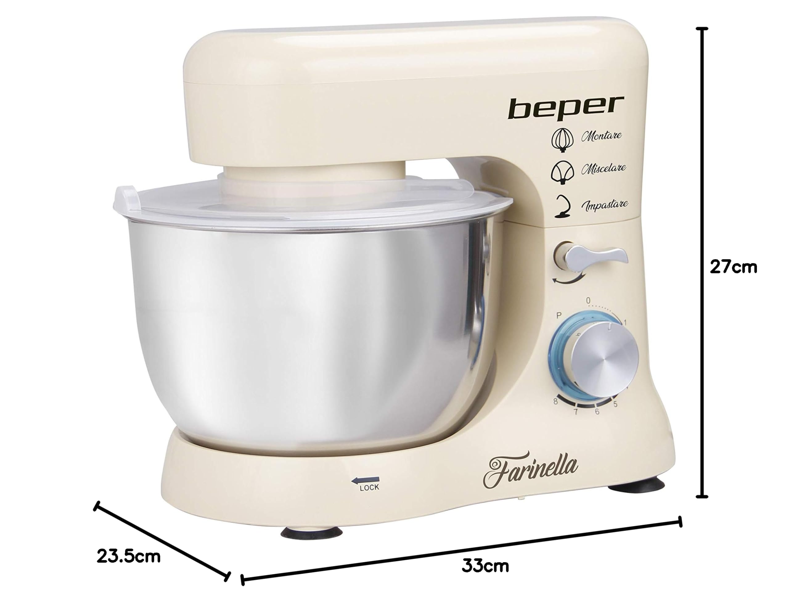 BEPER BP.200 Impastatrice Planetaria professionale 4,5L, Potenza 1000W, 8 Velocità e Funzione Pulse - Frusta, Paraschizzi e Gancio Inclusi, Bianco