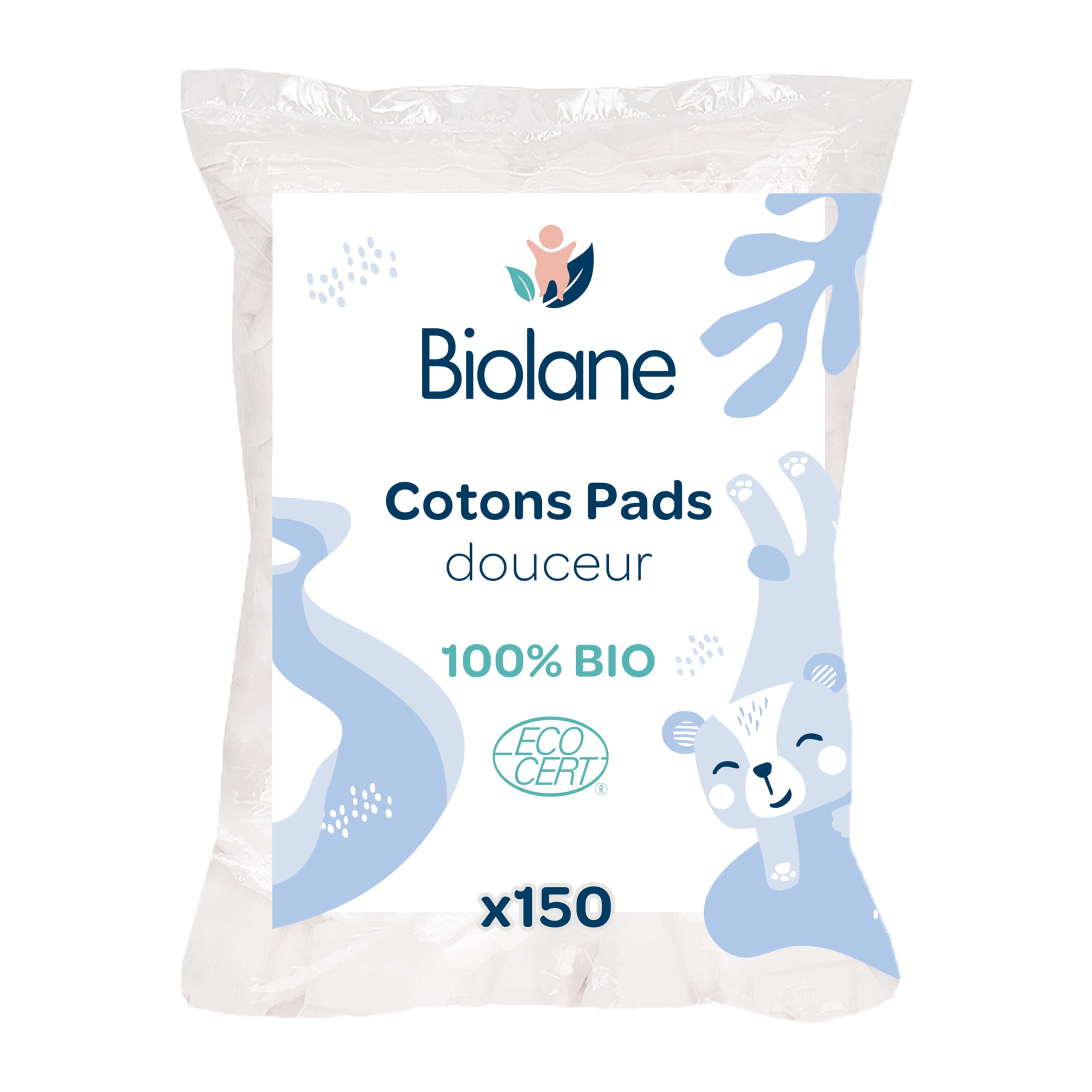 BIOLANE - Cotons pads douceur - Bébé - 100% Bio - 150 Cotons - Peaux sensibles - Change & Toilette - Dès la naissance - Fabriqués en France