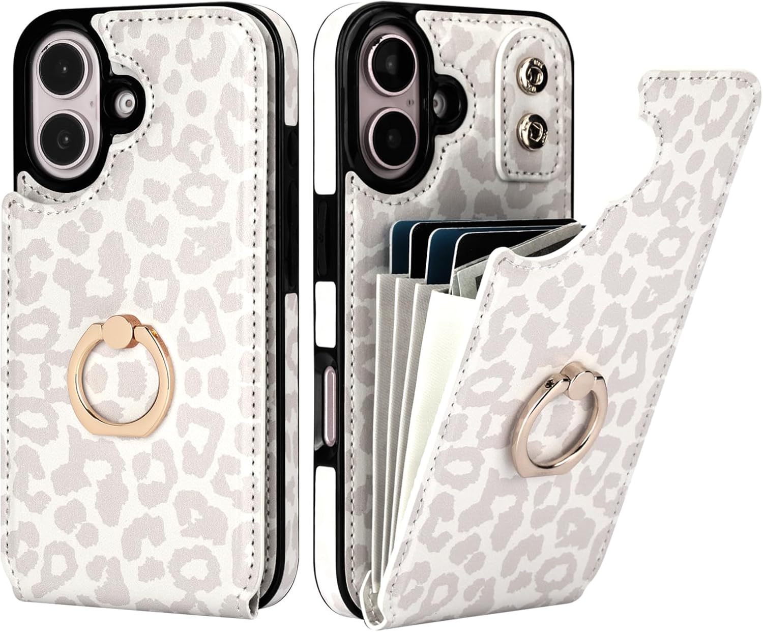HAOPINSH for iPhone 16 Wallet Case with Card Holder, 360°Rotation Ring Kickstand, White Leopard Pattern, RFID Blocking Leather for Girls Women, Double Buttons Protective Cover 6.1"