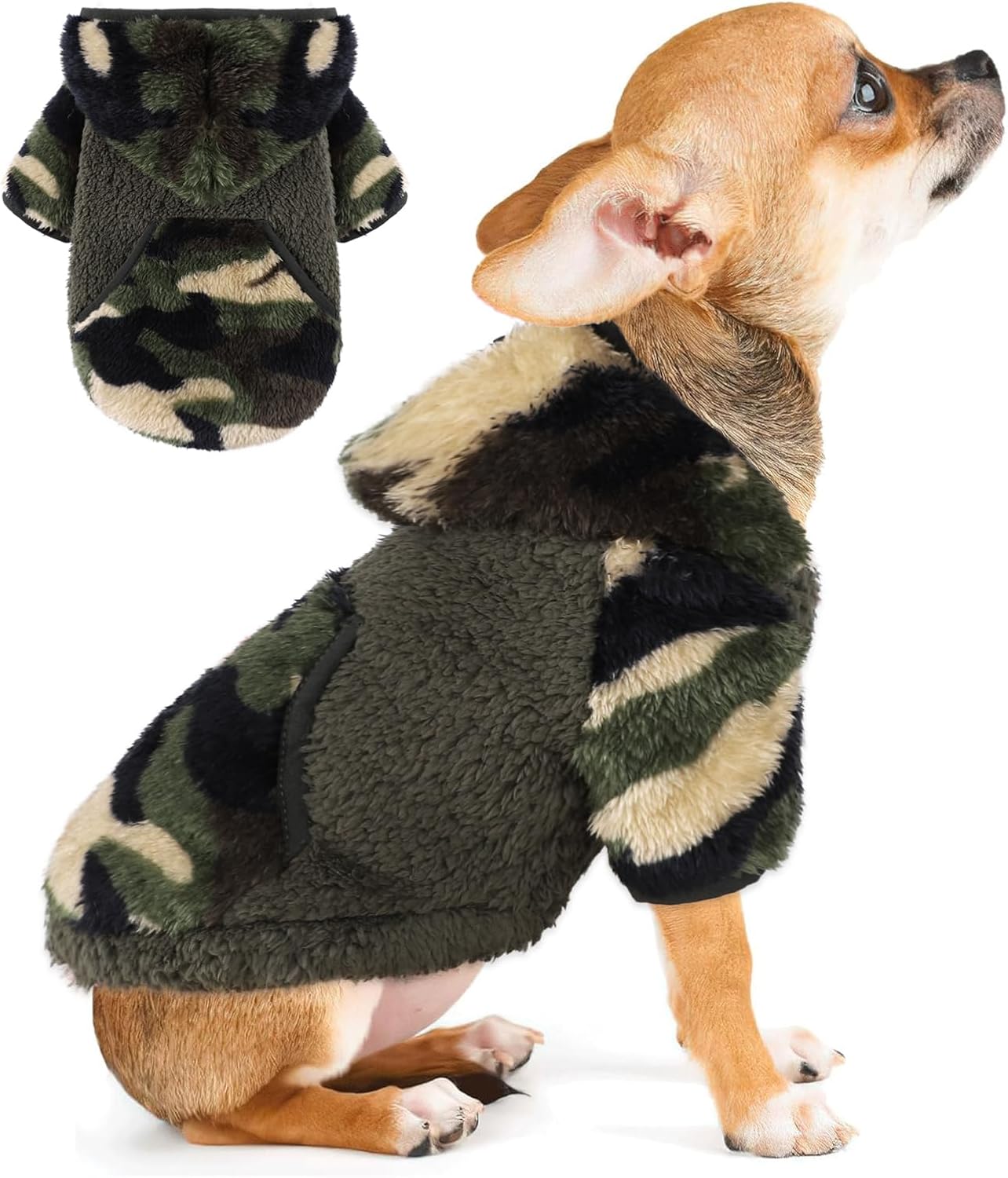 Dog Sweaters for Small Dogs Girl Male Fleece Small Dog Hoodie Winter Puppy Sweater for Chihuahua Teacup Yorkie Soft Stretchy Tiny Clothes Cat Sweater Pet Outfits, Camouflage Green, XS