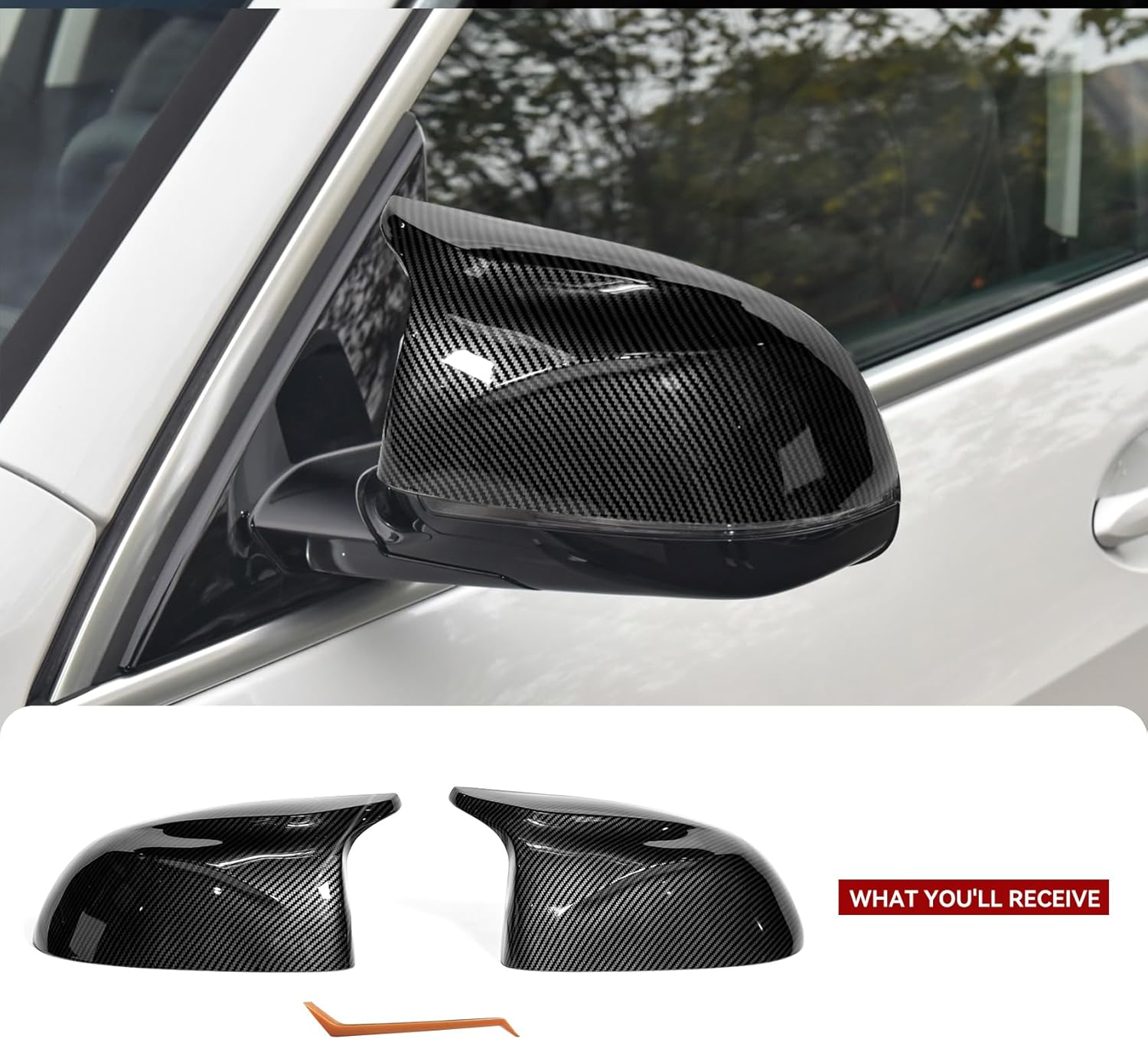 Mirror Cover Caps for F15 F25 - Durable Quality Glossy Black, Compatible with BMW X3 F25 X4 F26 X5 F15 X6 F16 2014-2018 - Upgrade Your Ride Now (Carbon Fiber Look)