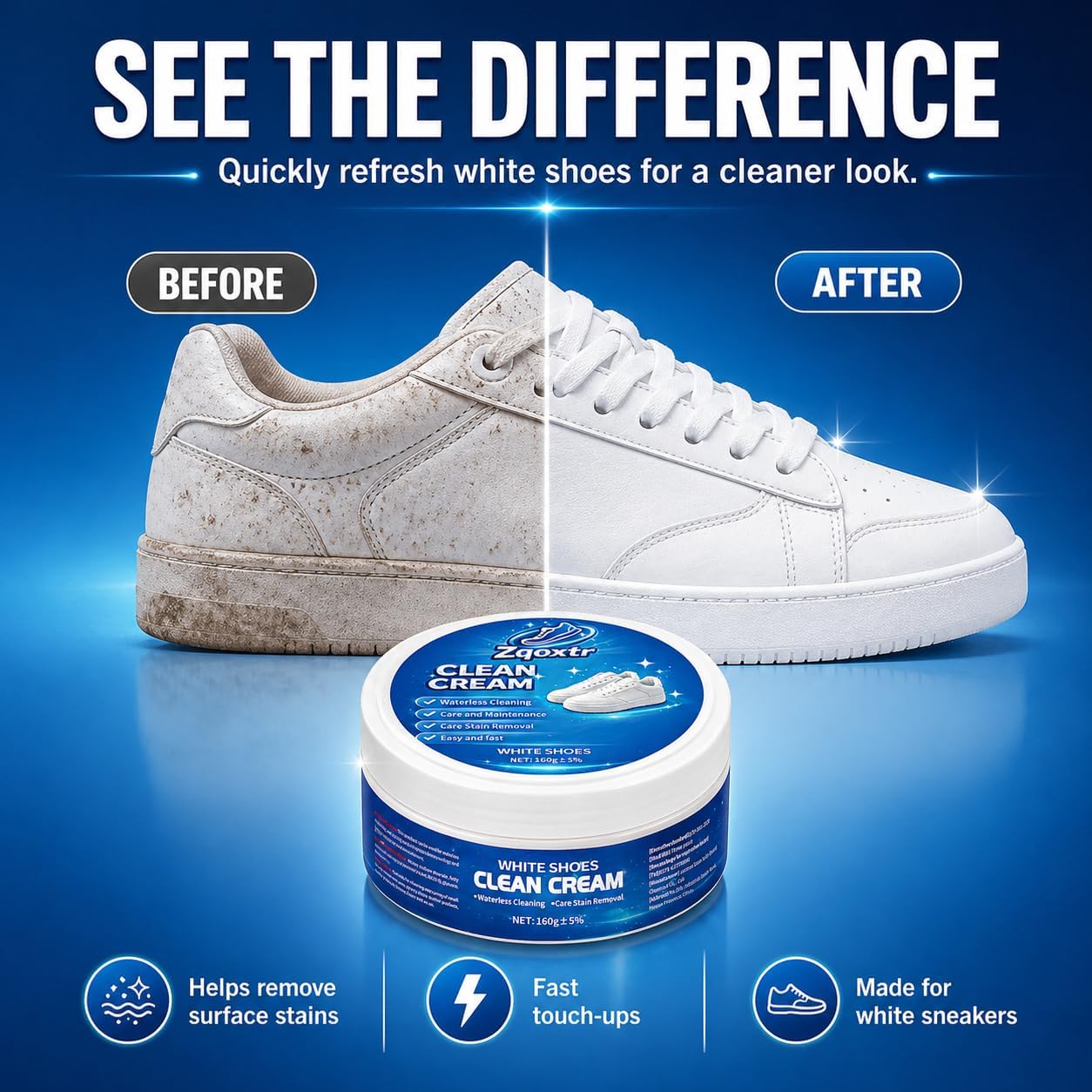 White Shoe Cleaner Cream, No Rinse Sneaker Cleaning Paste with Sponge for White Shoes, Leather, Canvas, Rubber Soles