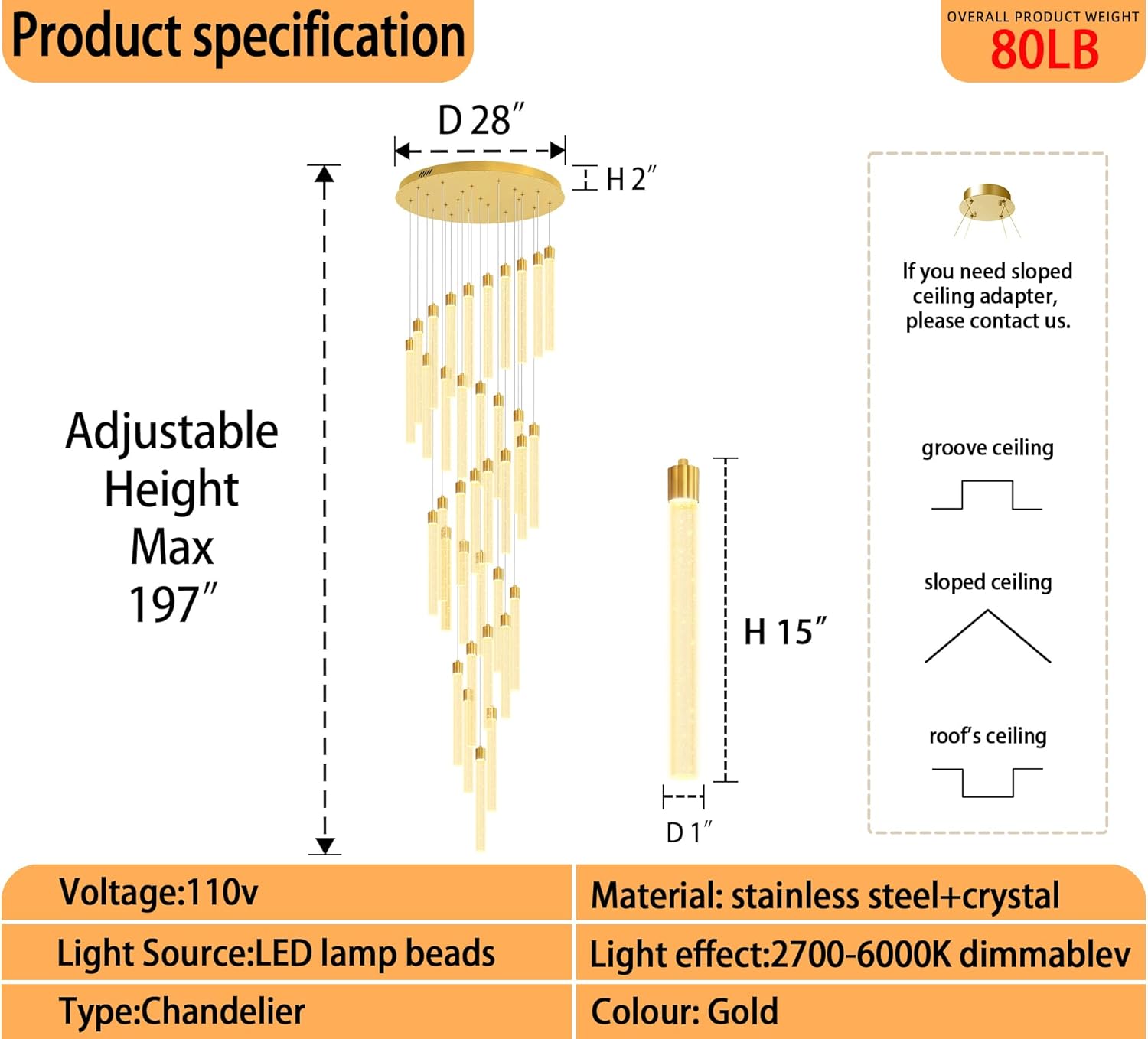 200'' Long Crystal Column Chandelier Gold 36-Light Extra Large Staircase Chandelier High Ceiling Dimmable LED Ceiling Lighting Foyer Entryway Light Source is Replaceable