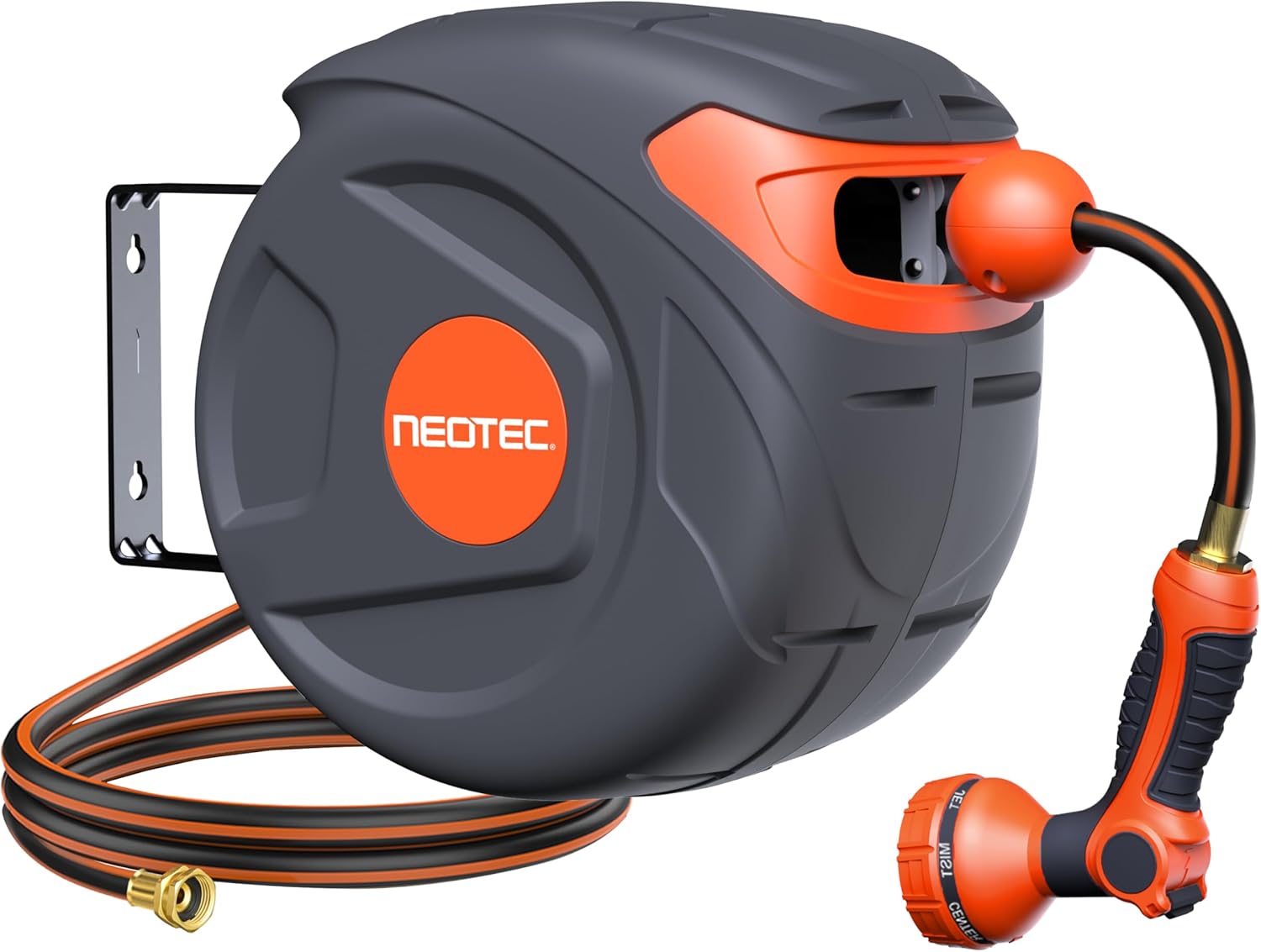Outdoor Retractable Garden Hose Reel 1/2" x 50ft, Any Length Lock, 9 Pattern Nozzle, Wall Mounted, Automatic Slow Return, 180° Swivel, UV Resistant Heavy Duty