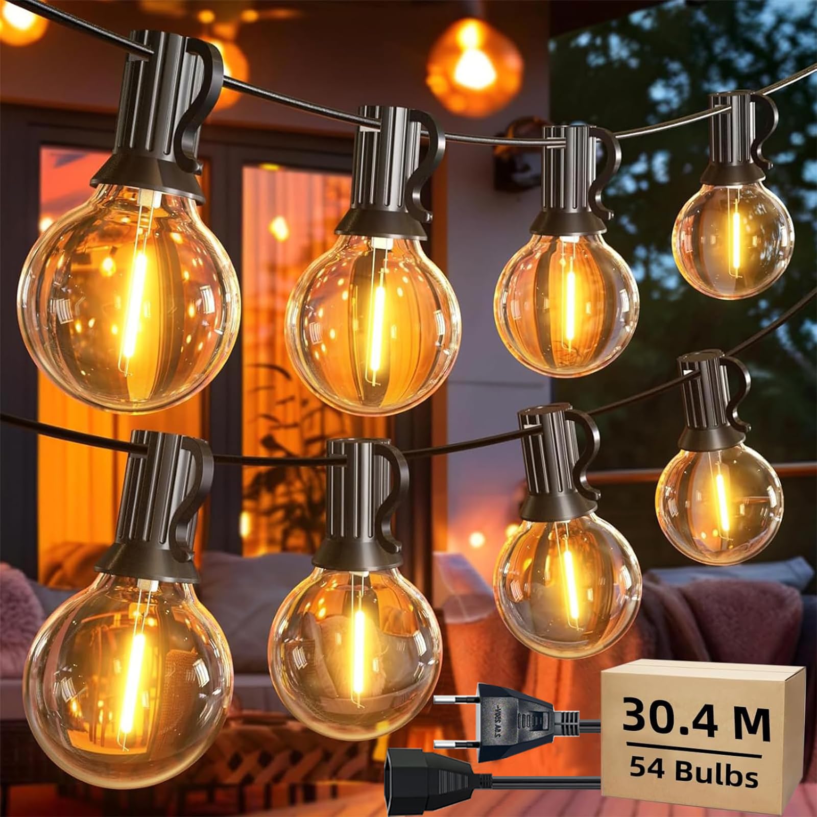 G40 Guirlande Lumineuse Exterieure 30.4M, 50+4 Ampoules | Étanche&Incassable, Prise UE (Type C), 2700K Guirlande Guinguette Exterieur LED Connectable Blanc Chaud pour Jardin Noël