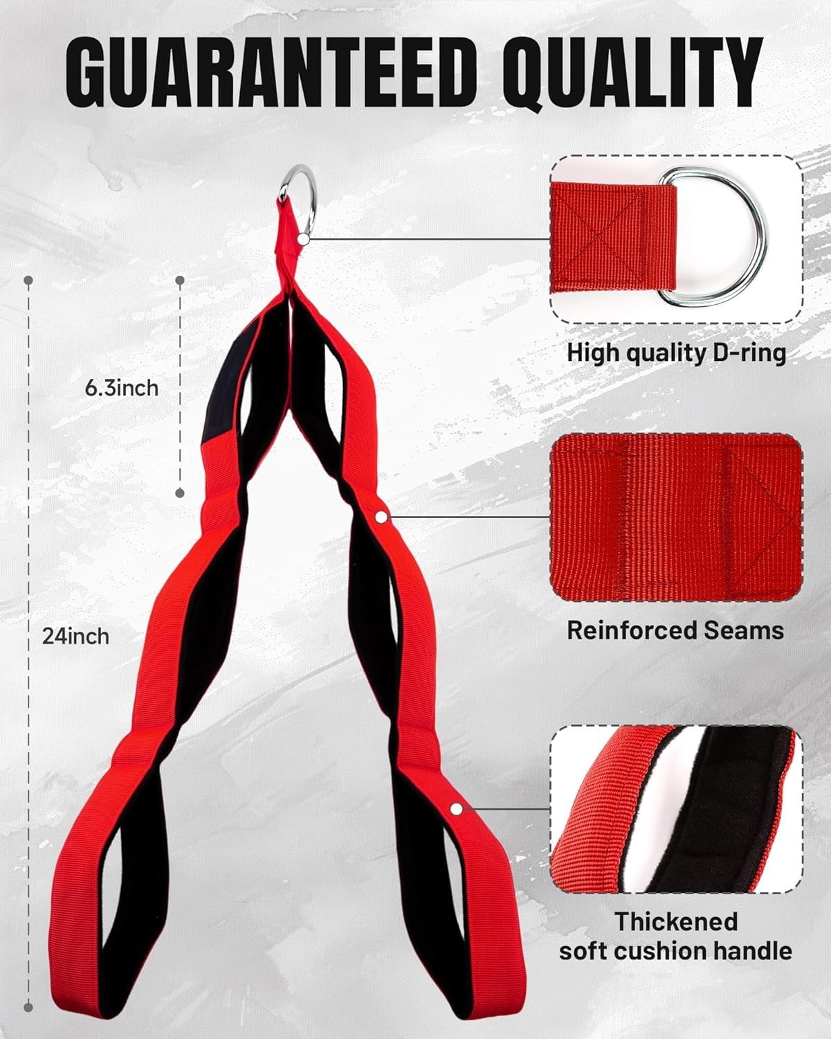 Leosportz Triceps Rope Cable Attachment - Fabric Triceps Rope with Strong Grip and Multiple Handles | Upgraded Design Lightweight Tricep Push Down Rope (Red, 2 Handle) 2