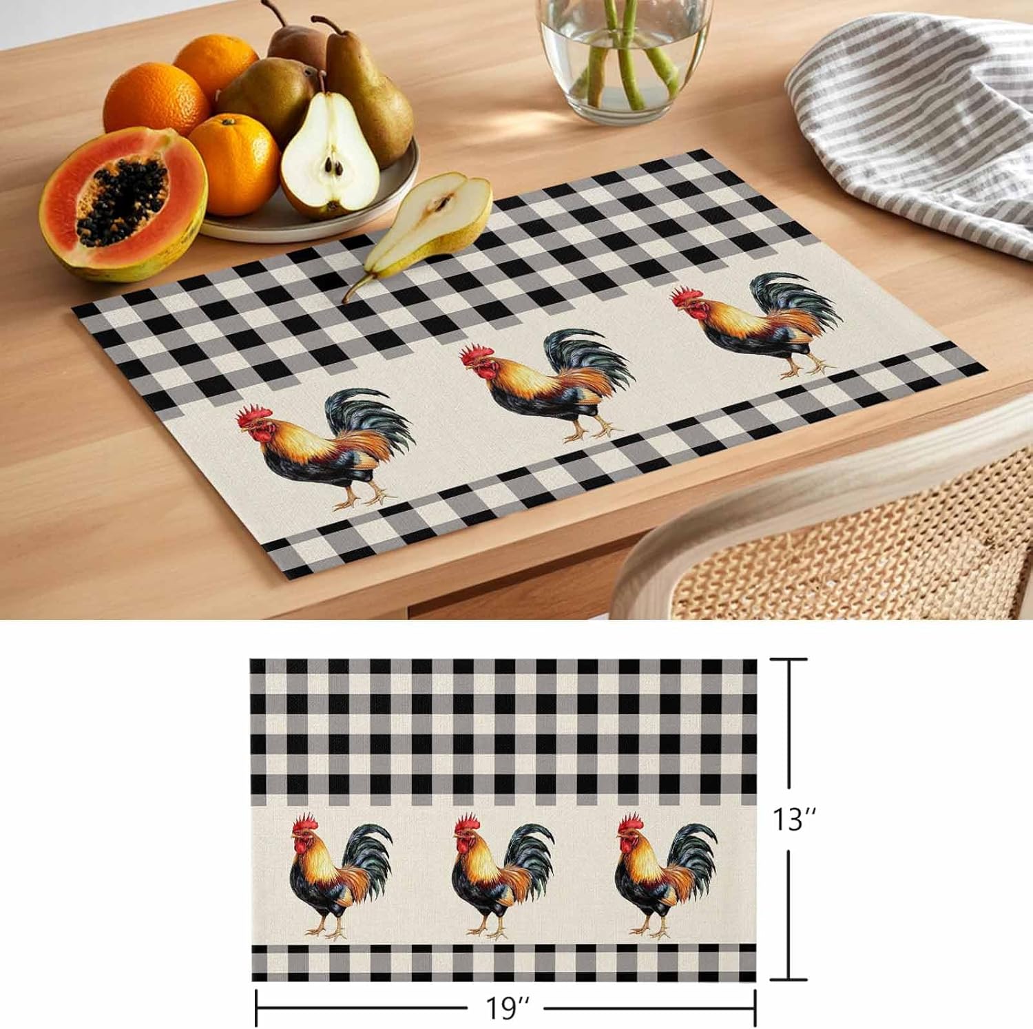 Placemats for Dining Table, Rooster Black Buffalo Check Plaid Vintage Farm Cock Chicken Heat-Resistant Non-Slip Burlap Place Mats for Kitchen Table Wedding Party, Set of 6