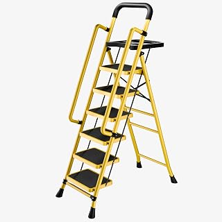 Step Ladder with Platform,Folding Step Stool 330 Lbs Load,Heavy Duty Step Ladders with Anti-Slip Widen Pedals,Handrail,Safe-Lock Design,Step Ladder for Adults (Yellow, 6 Step+Handrail)