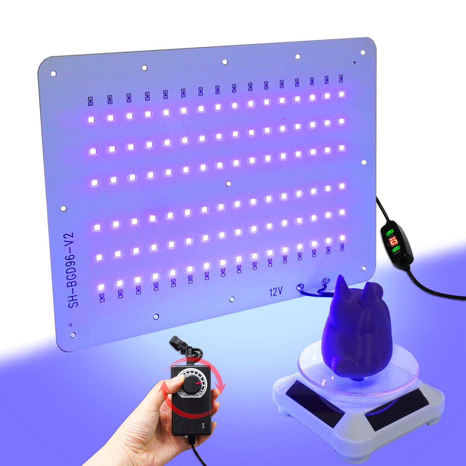 3D Printer UV Resin Curing Light, Large Size, Timer and Solar Turntable 360° Rotating Stand, Adjustable Brightness, 395nm UV LED Lights with 96 Lamp