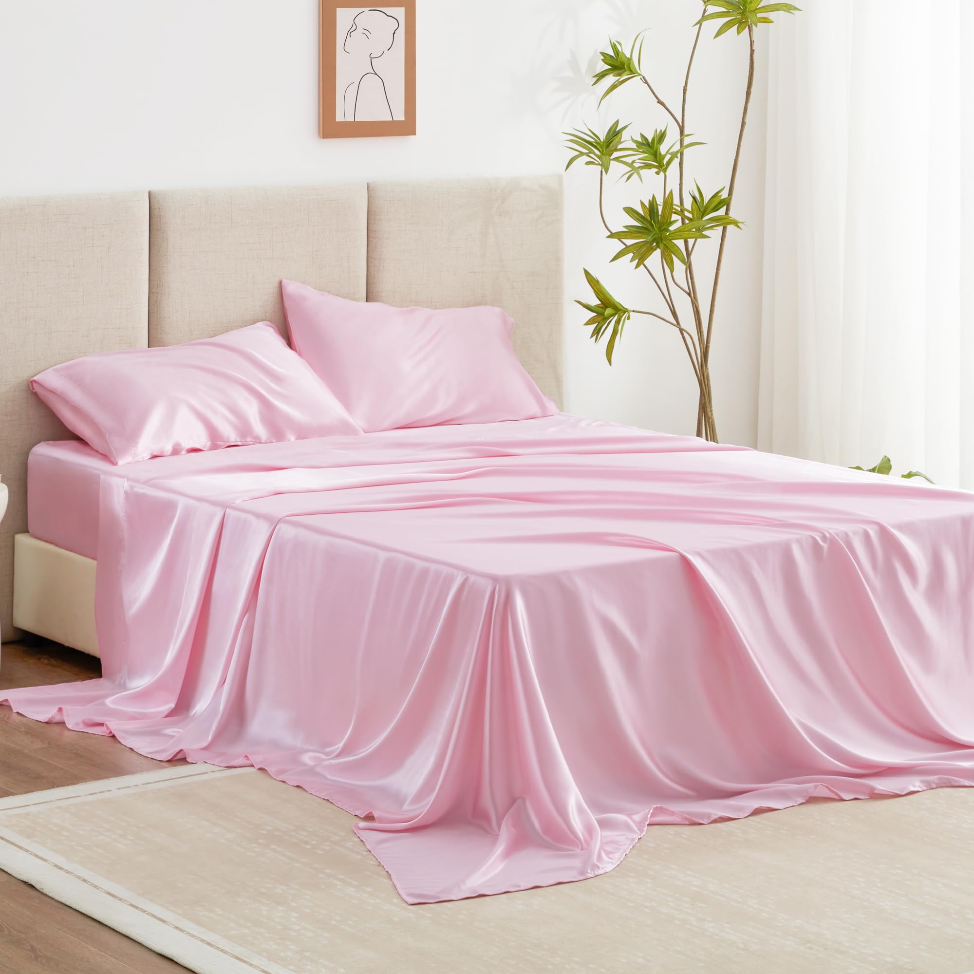 Loves cabin Satin Queen Sheets Set - 4 Piece Pink Silky Bed Sheets Set with Deep Pocket Luxury