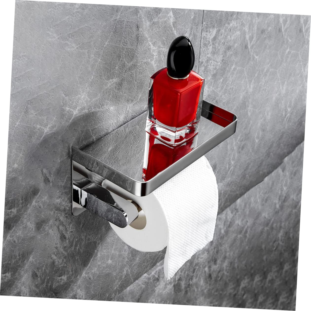 Portarrollos con Instalación Adhesiva de Papel Higiénico de Acero Inoxidable con Estante para Teléfono y Diseño de Bordes hacia Arriba en Color Plata para Baños y Aseos