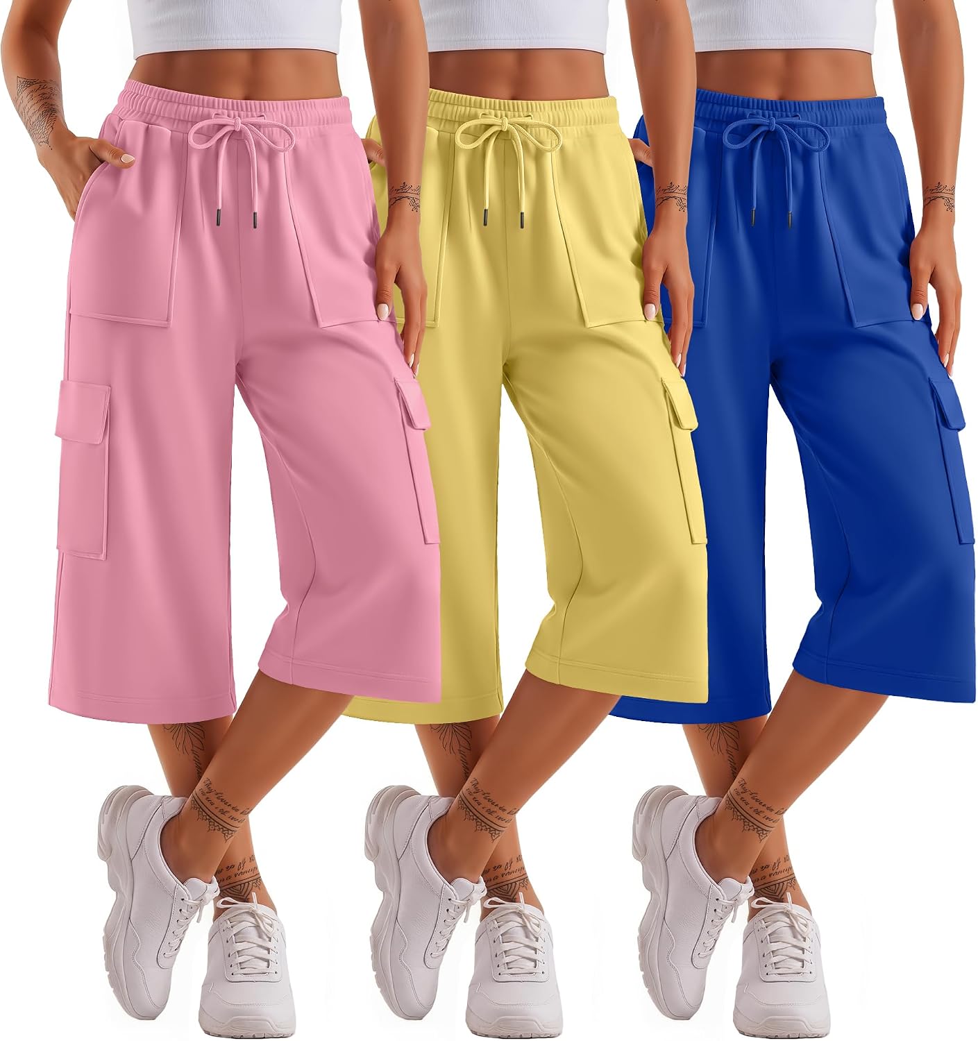3 Pack Women's Capri Cargo Sweatpants Wide Leg Cropped Pants Baggy Capris Casual Drawstring Pants with 4 Pockets