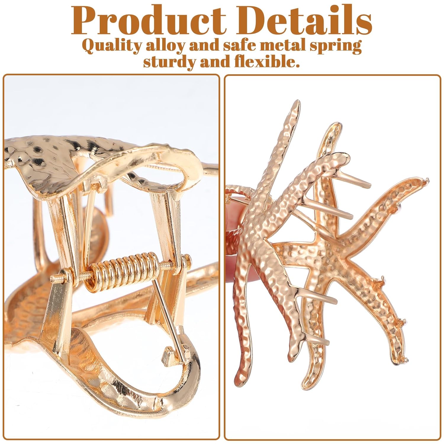 Starfish Hair Claw Clips Seashell Clip Hair Accessories, Beach Seashell Hairpin Gold Metal Clip Large Claw Clips Summer Sea Shell Hairpins for Women and Girls (Gold Pack of 2) - Image 3