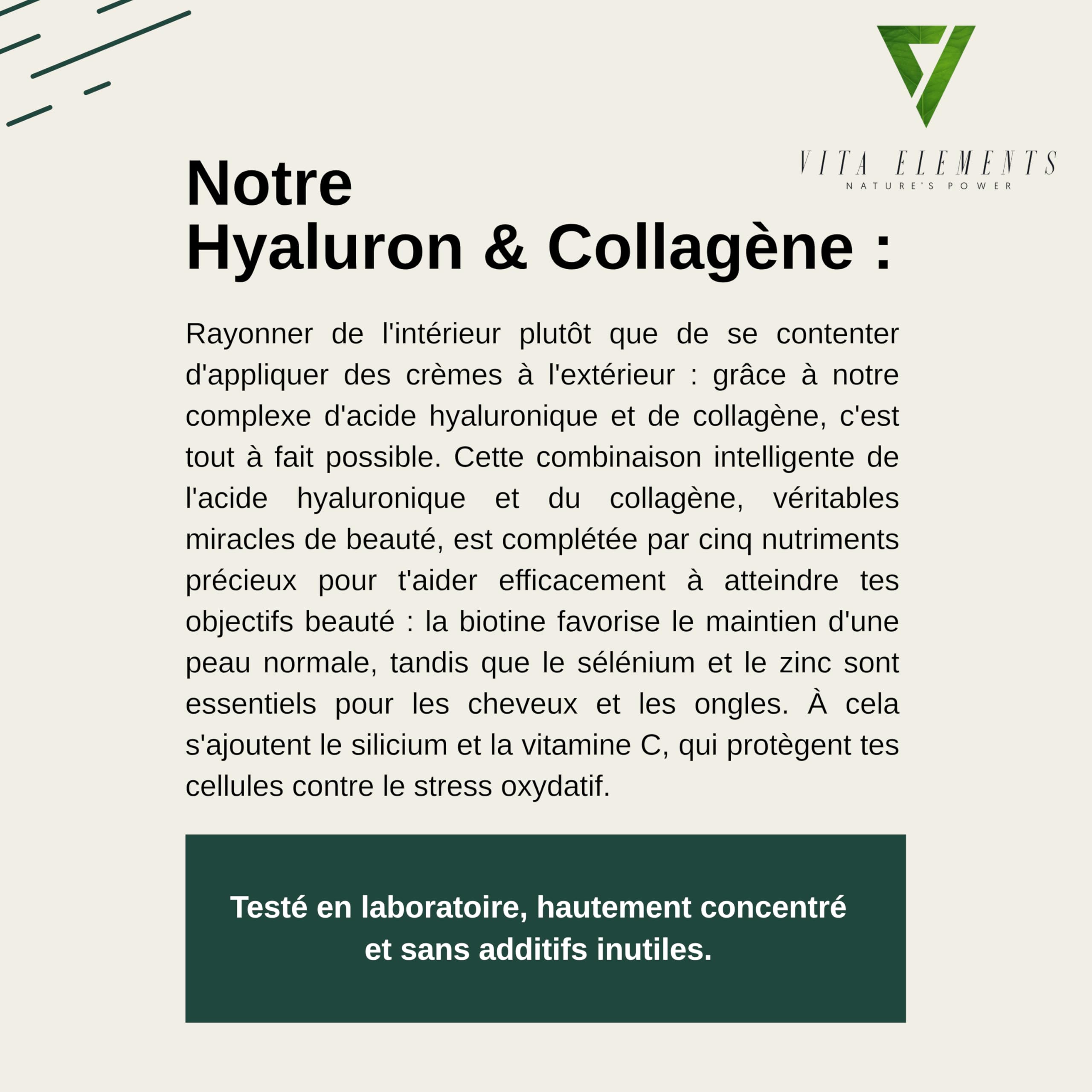 Vita Elements Complexe Acide Hyaluronique Collagène - 180 Gélules - Enrichi avec Biotine, Sélénium, Zinc, Vitamine C & Extrait de Bambou - 3 Mois de Stock - Testé en Laboratoire (3)
