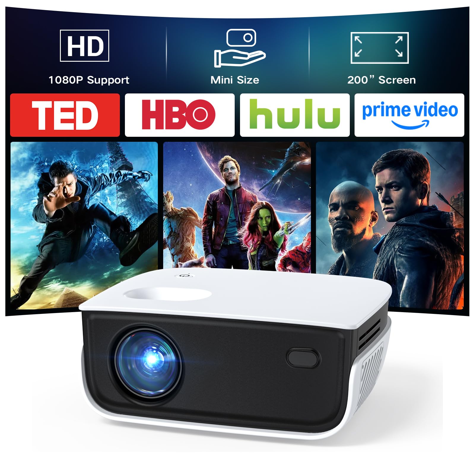 NICPOW Outdoor Projector, Mini Projector with 100" Screen, 1080P and 240" Supported Movie Projector 7500 L Portable Home Video Projector Compatible with Smartphone/TV Stick/PS4/PC/Laptop