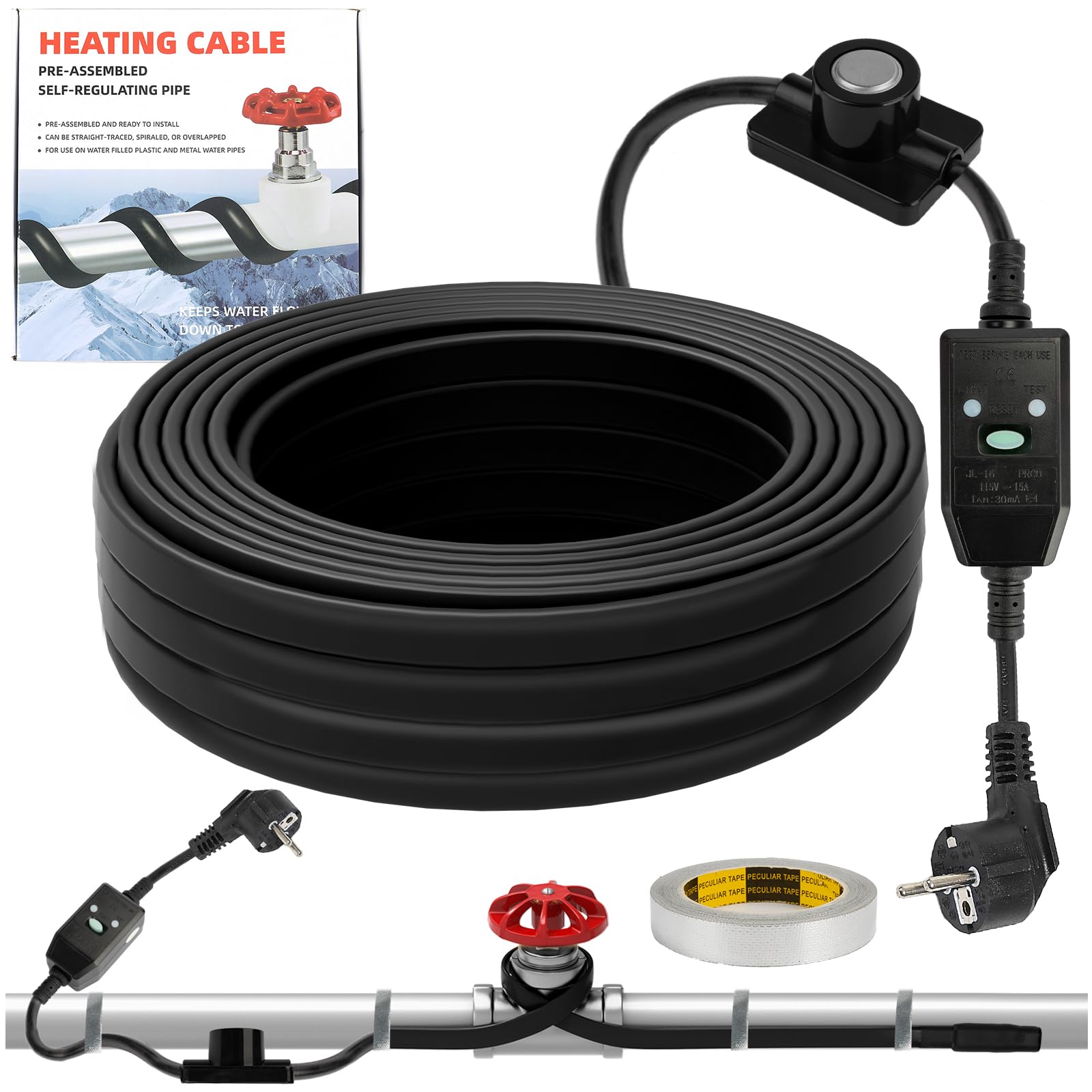 XDOVET Nastro termico per tubi dell'acqua con termostato 10M, cavo riscaldante autoregolante Cavo riscaldante per tubi dell'acqua antigelo per tubi in metallo e plastica 220V 25W/M