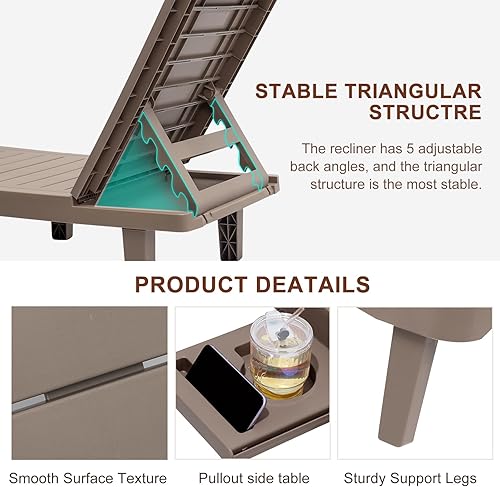 Miniatura 5 de SELLERWE Juego de 2 tumbonas para exteriores, sillas de resina impermeables para exteriores con 5 posiciones ajustables para todo tipo de clima,