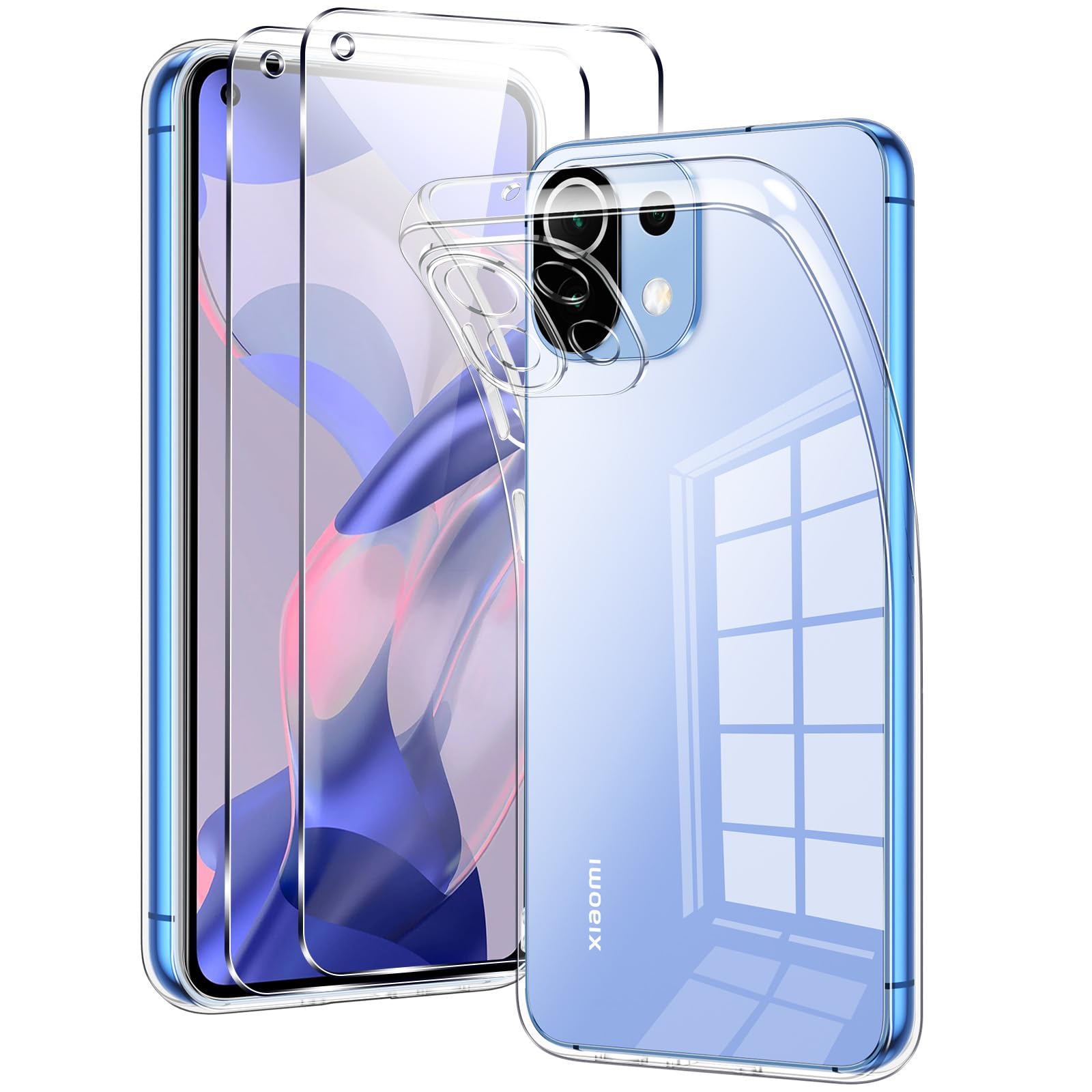 MAOGE Cover per Xiaomi 11 Lite 5G NE/Xiaomi Mi 11 Lite (4G/5G), Custodia Ultra Sottile in Silicone TPU, Retro in Vetro Temperato a Elegante Motivo Dipinto Antiurto Case, Vasto Universo