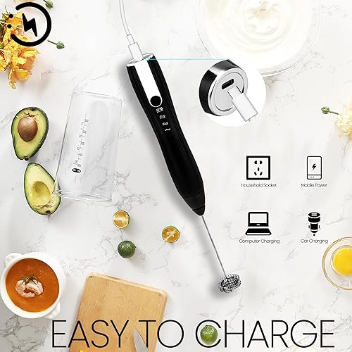 Miniatura 7 de Espumador de leche de mano USB-C recargable mezclador de espuma de bebida eléctrico con 2 cabezales, 1 soporte, 3 velocidades ajustables, mini